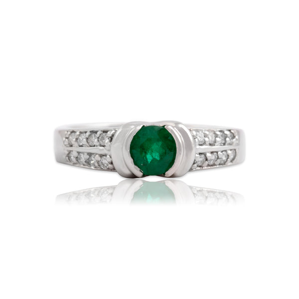 Vintage Platinum Emerald Diamond Double Line Shoulder Partial Bezel Ring 6.50