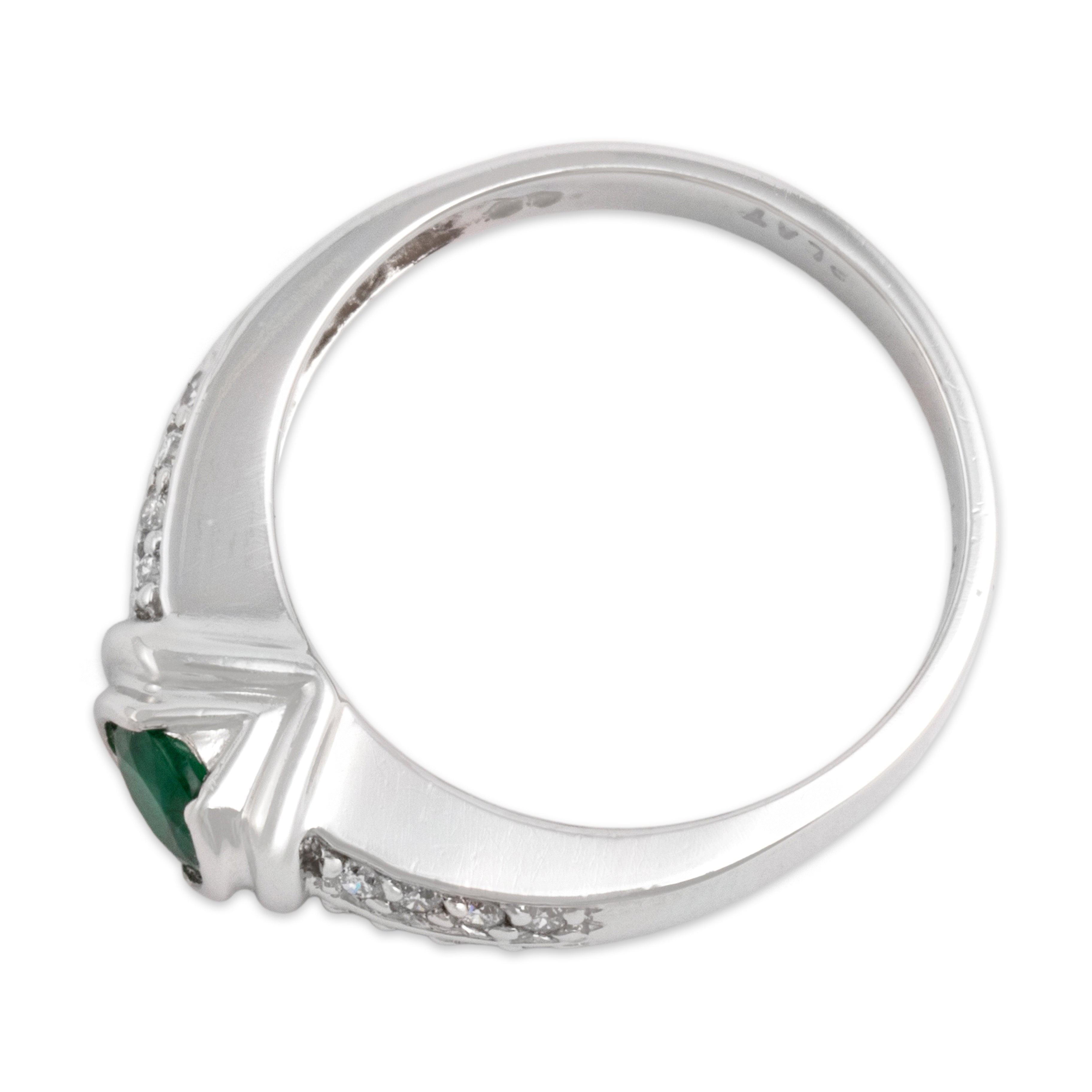 Vintage Platinum Emerald Diamond Double Line Shoulder Partial Bezel Ring - Overall view