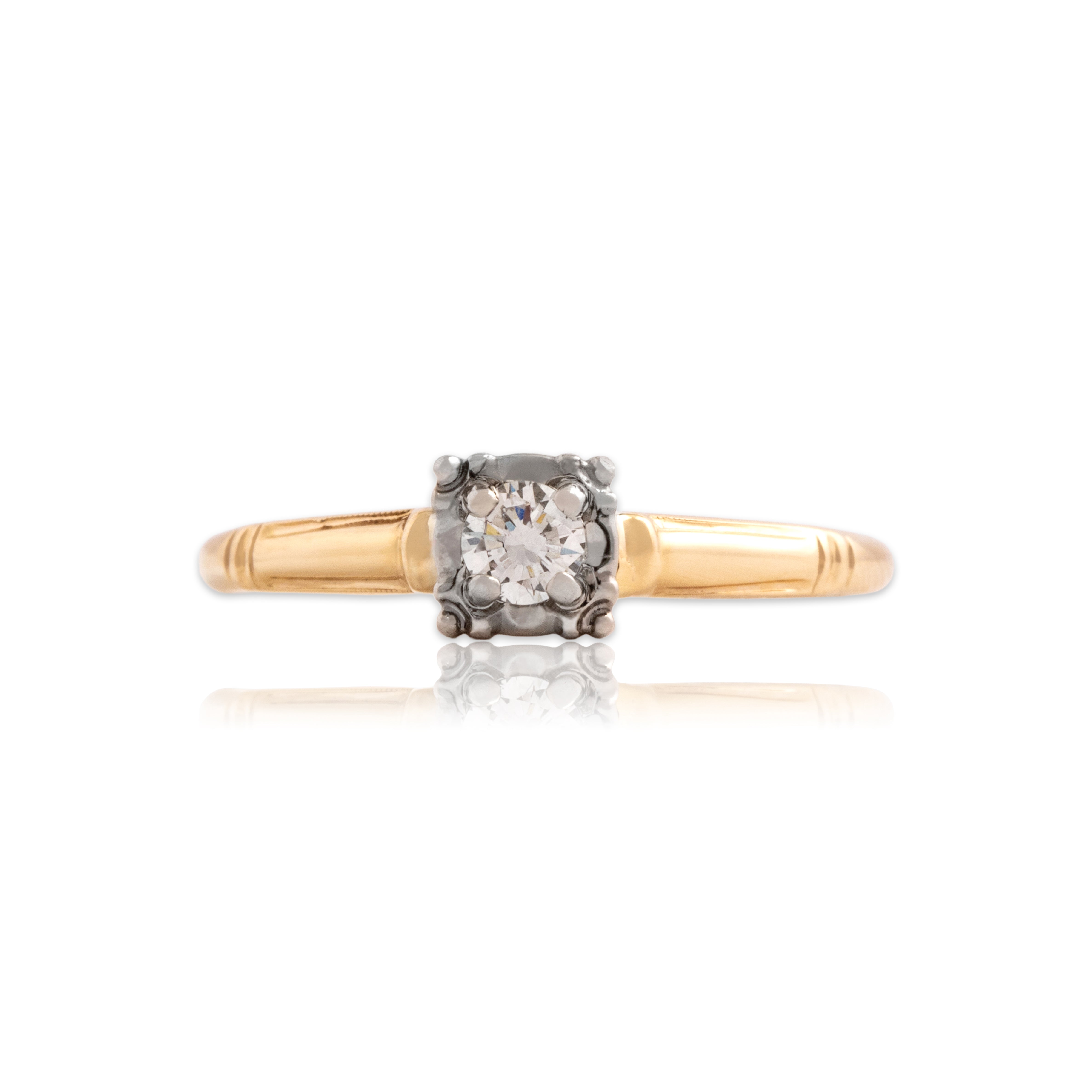 Vintage 14k Yellow & White Gold Diamond Elegant Column Shoulder Solitaire Ring - Close-up view