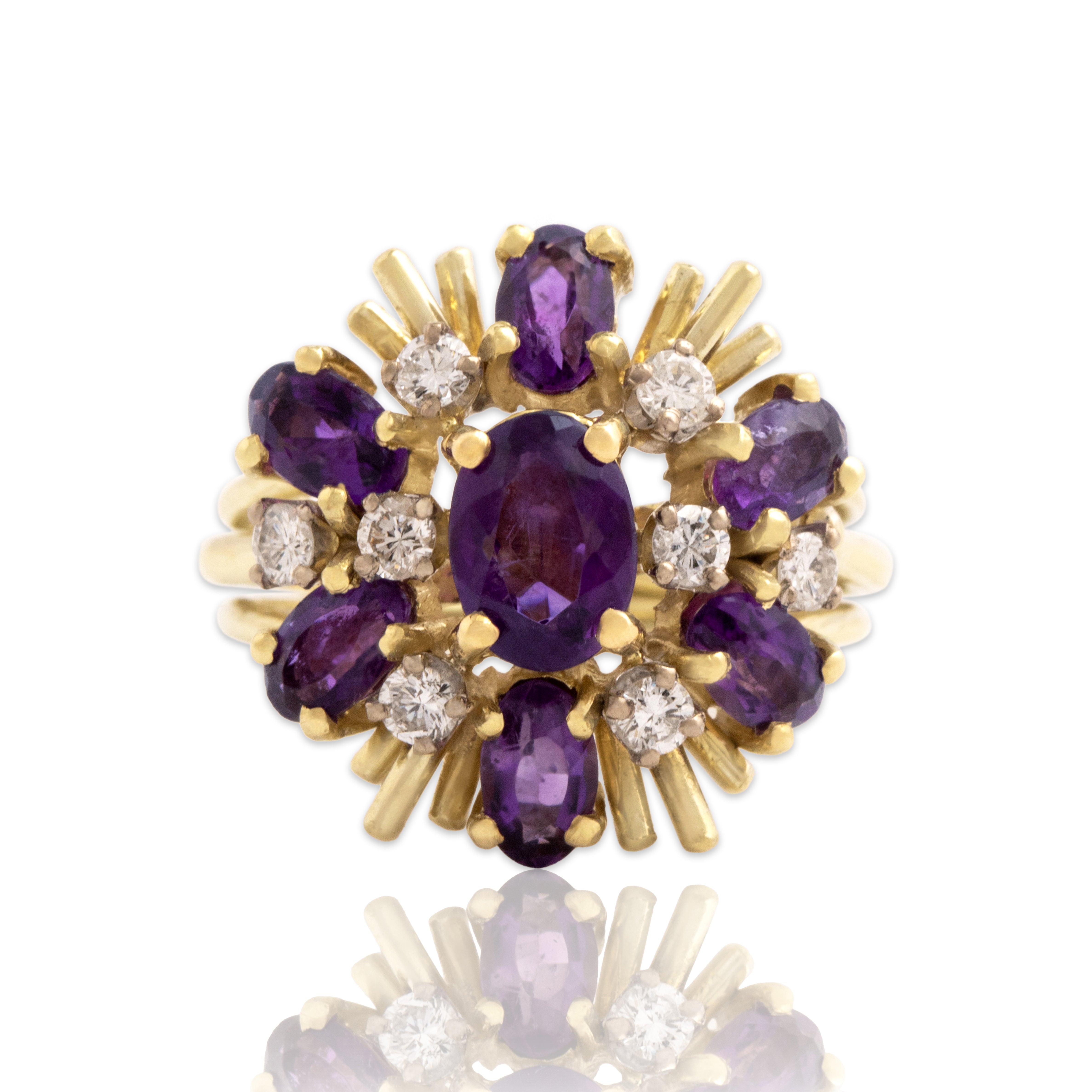 Vintage 14k Yellow Gold 1.48cttw Amethyst Diamond Sparkling Cocktail Ring 5.00