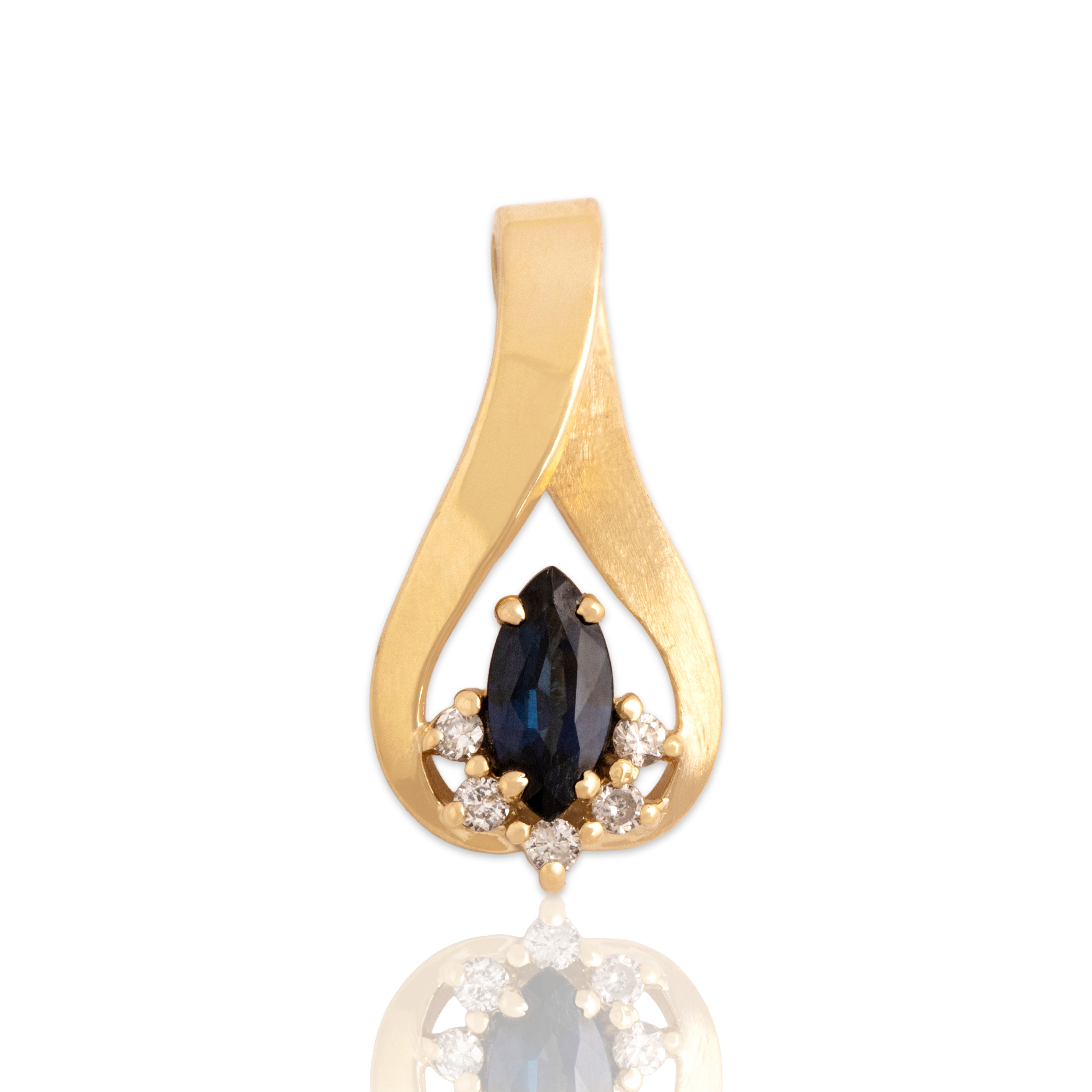 Vintage 14k Yellow Gold Blue Sapphire Diamond Dual-Textured Twist Slide Pendant - Close-up view