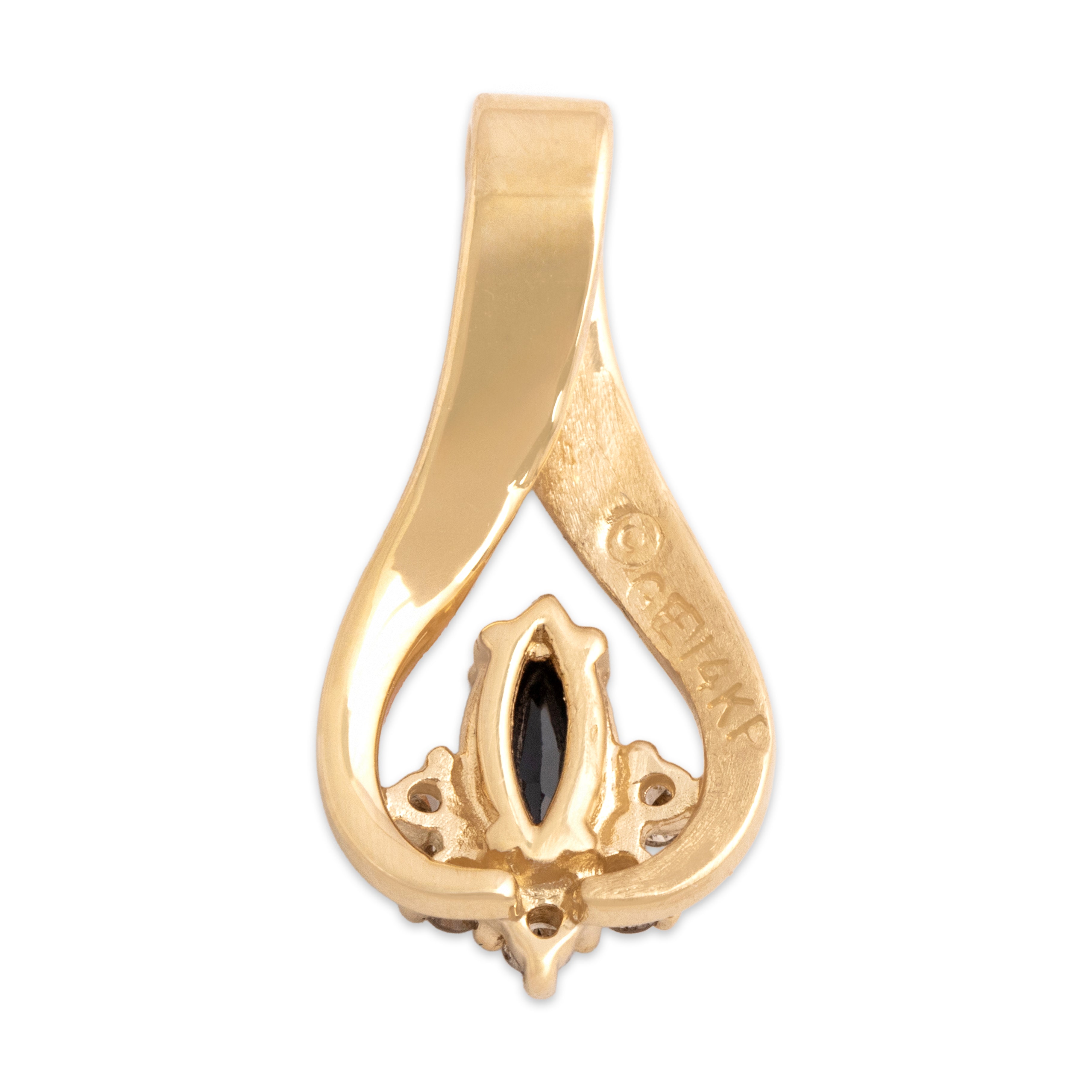 Vintage 14k Yellow Gold Blue Sapphire Diamond Dual-Textured Twist Slide Pendant - Back view