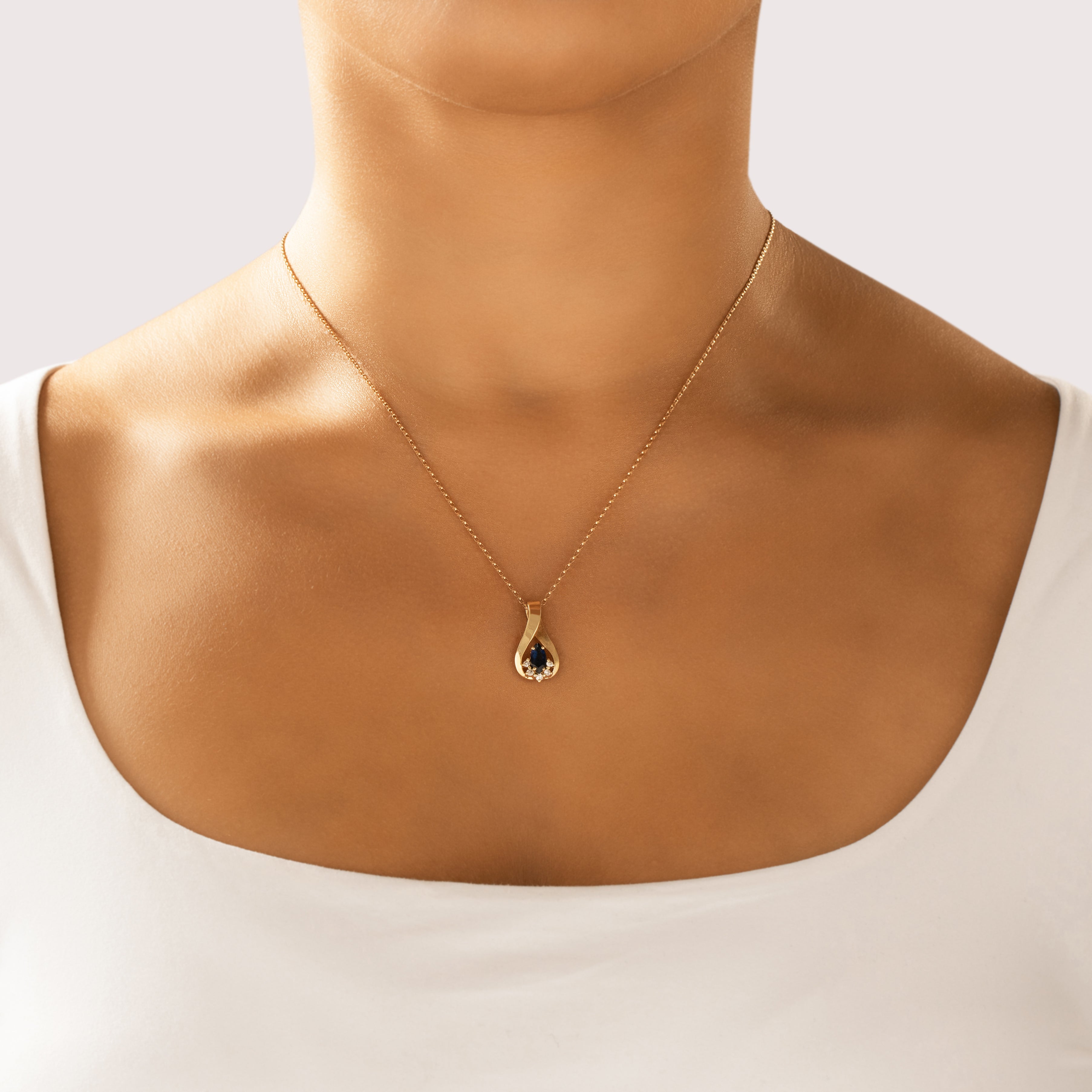Vintage 14k Yellow Gold Blue Sapphire Diamond Dual-Textured Twist Slide Pendant - On model view