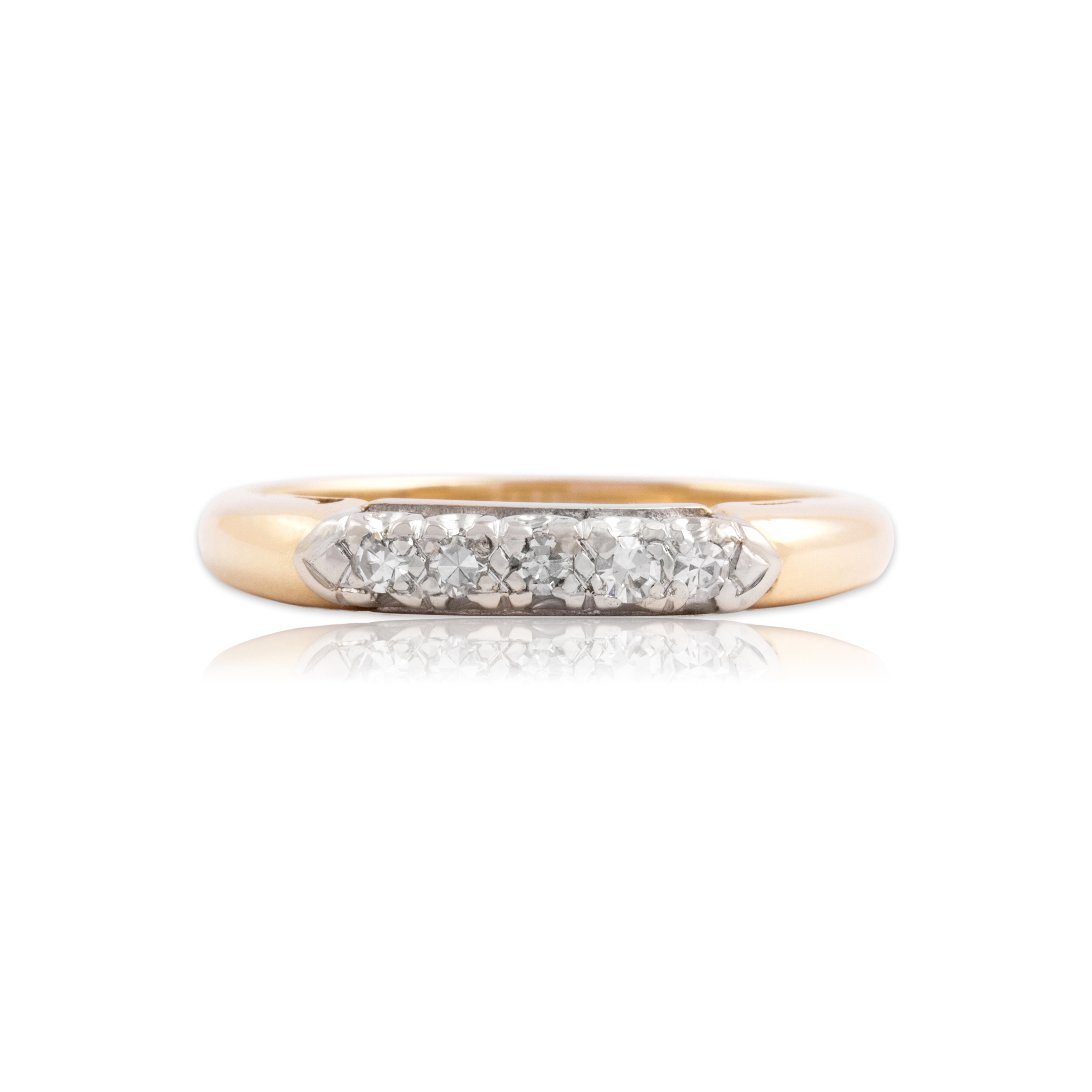 Vintage 14k Yellow & White Gold Diamond Lovely Dainty 5-Stone Line Ring - Close-up view