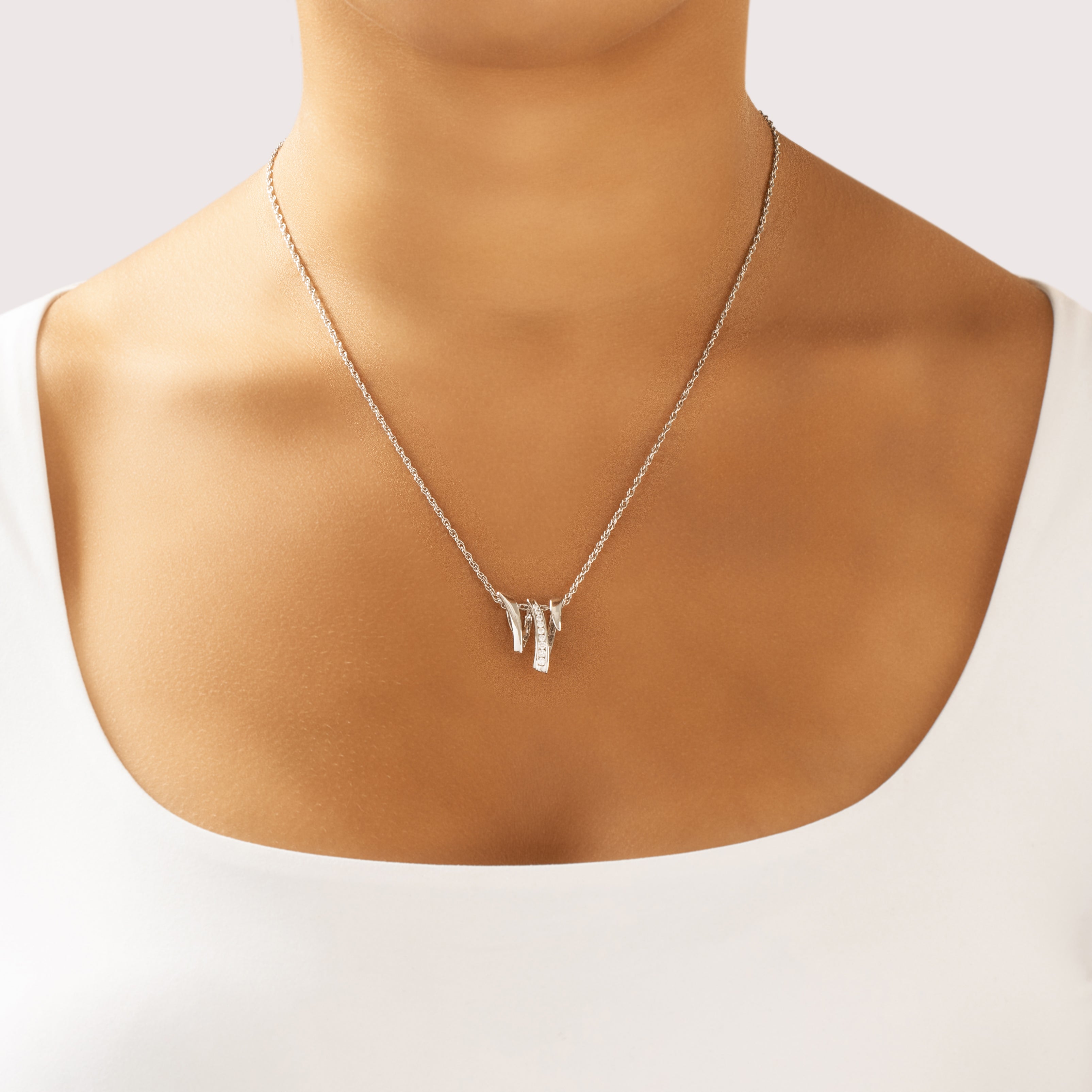 Vintage 14k White Gold Diamond Zig-Zag Pendant - On model view