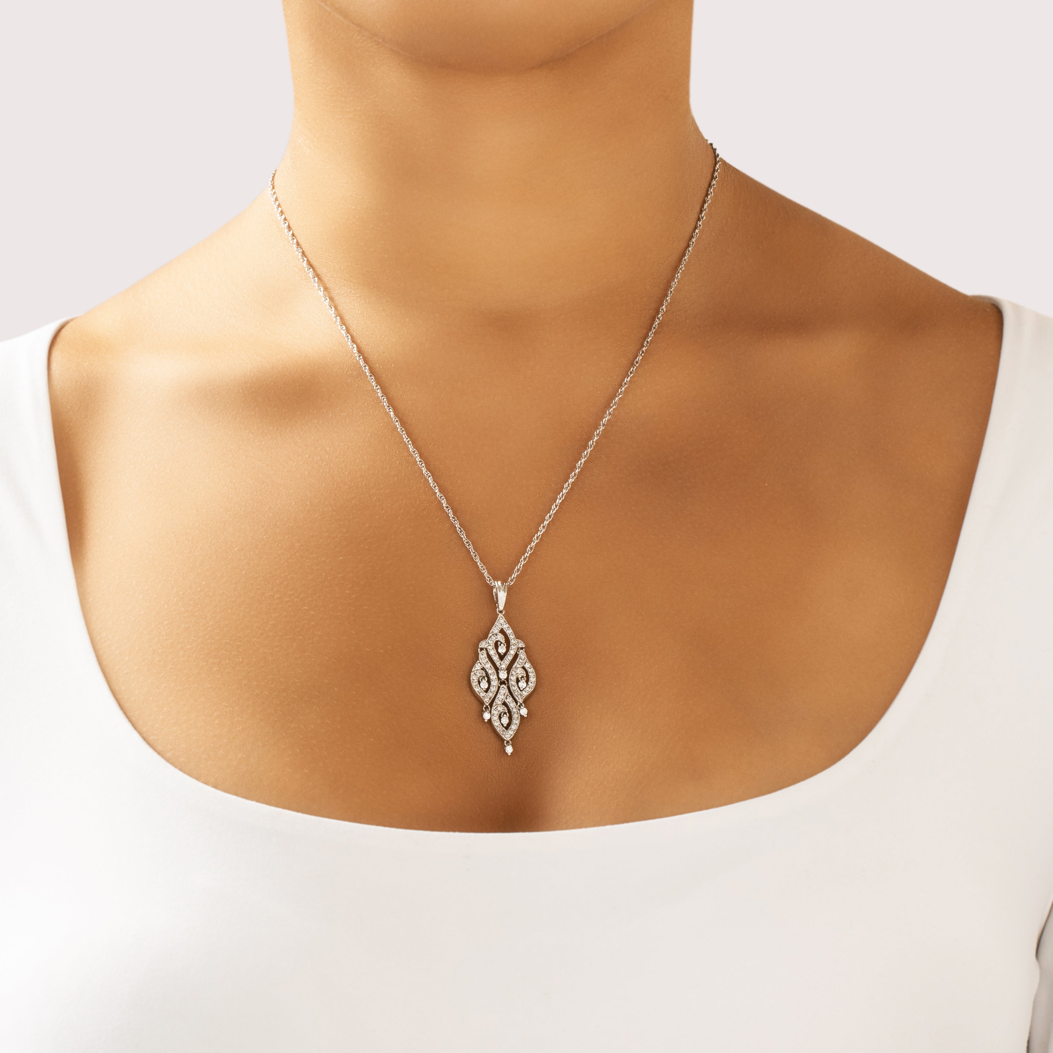 Vintage 14k White Gold .6cttw Diamond Incredible Lavalier-Style Dangle Pendant - On model view