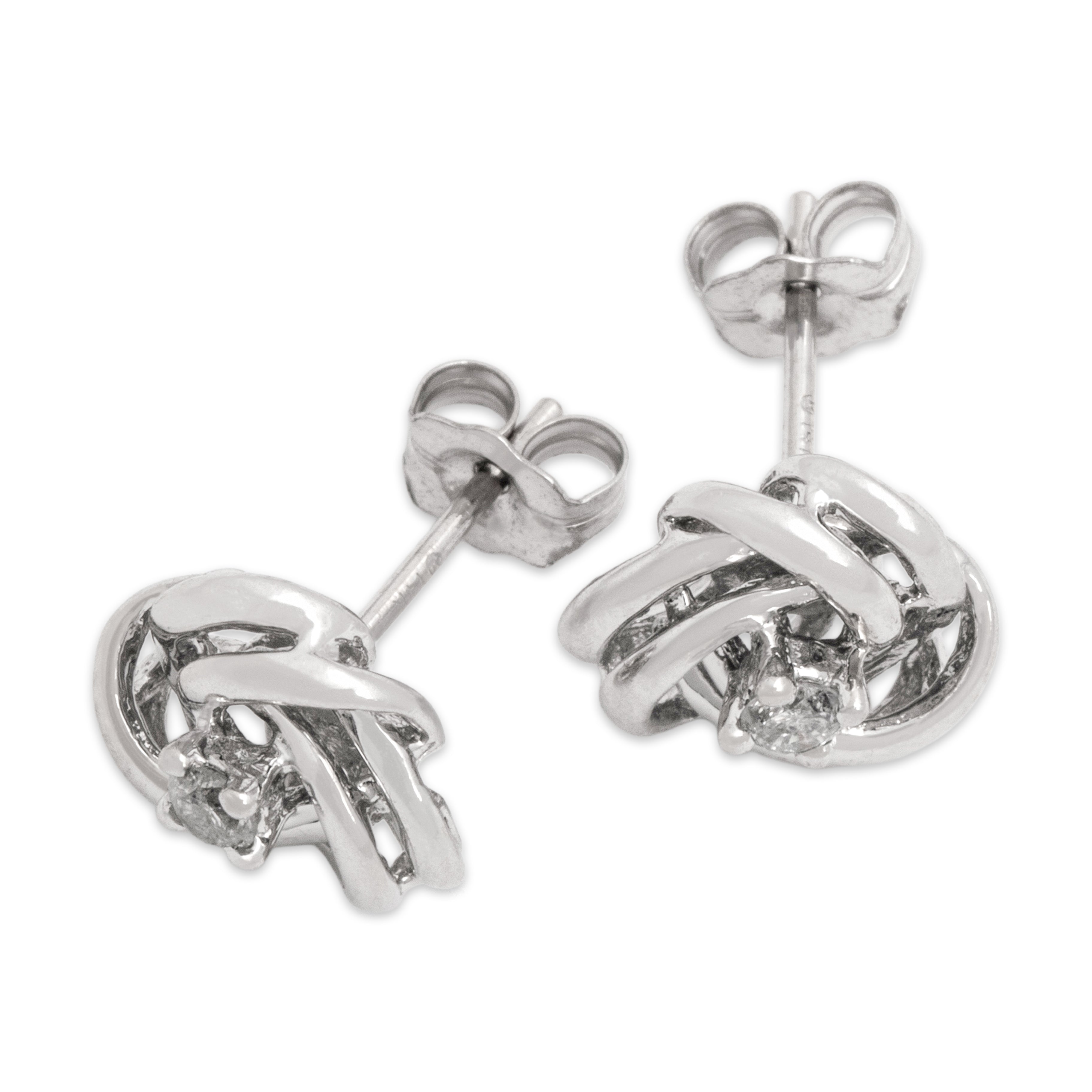 Vintage 14k White Gold Diamond Classic Open Trefoil Knot Stud Earrings - Overall view