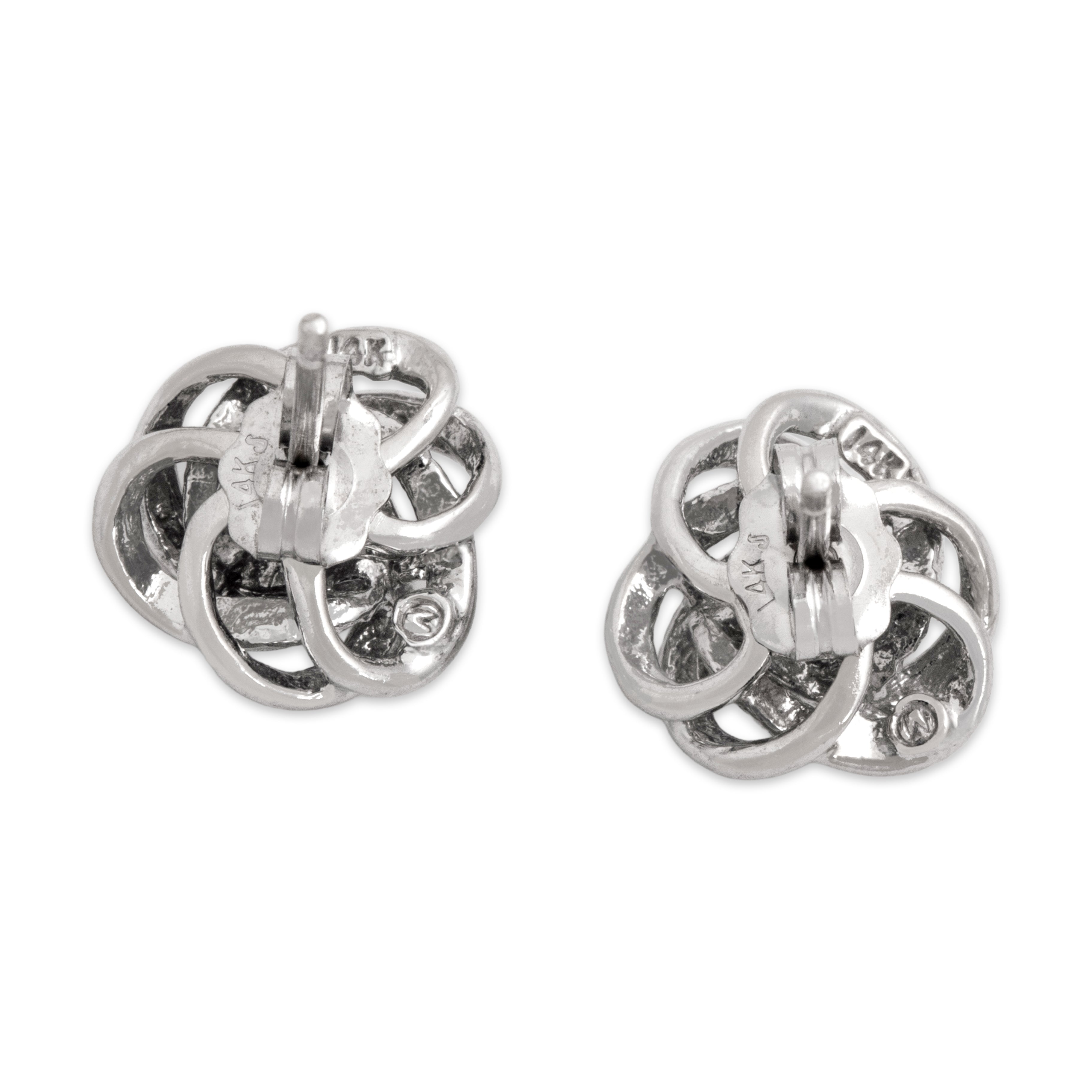 Vintage 14k White Gold Diamond Classic Open Trefoil Knot Stud Earrings - Back view