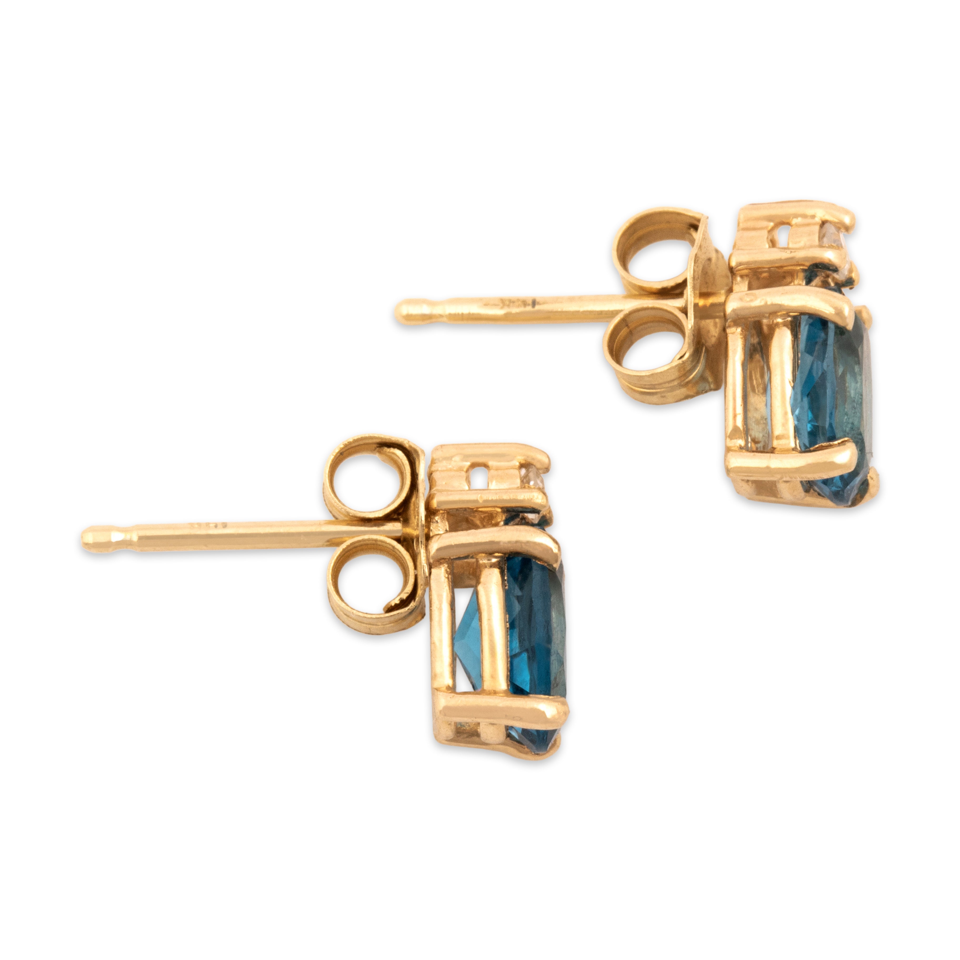 Vintage 14k Yellow Gold 1.07cttw London Blue Topaz Diamond Sparkling Ocean Drop Stud Earrings - Side view