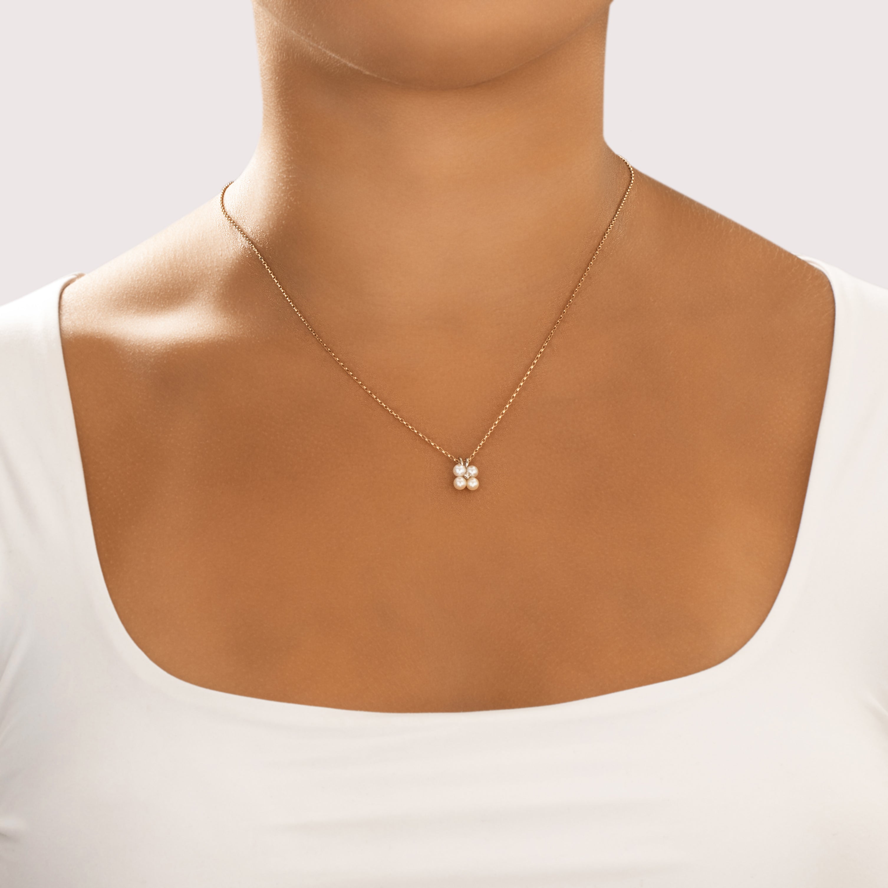 Vintage Small 14k White Gold Pearl Diamond Elegant Quatrefoil Pendant - On model view