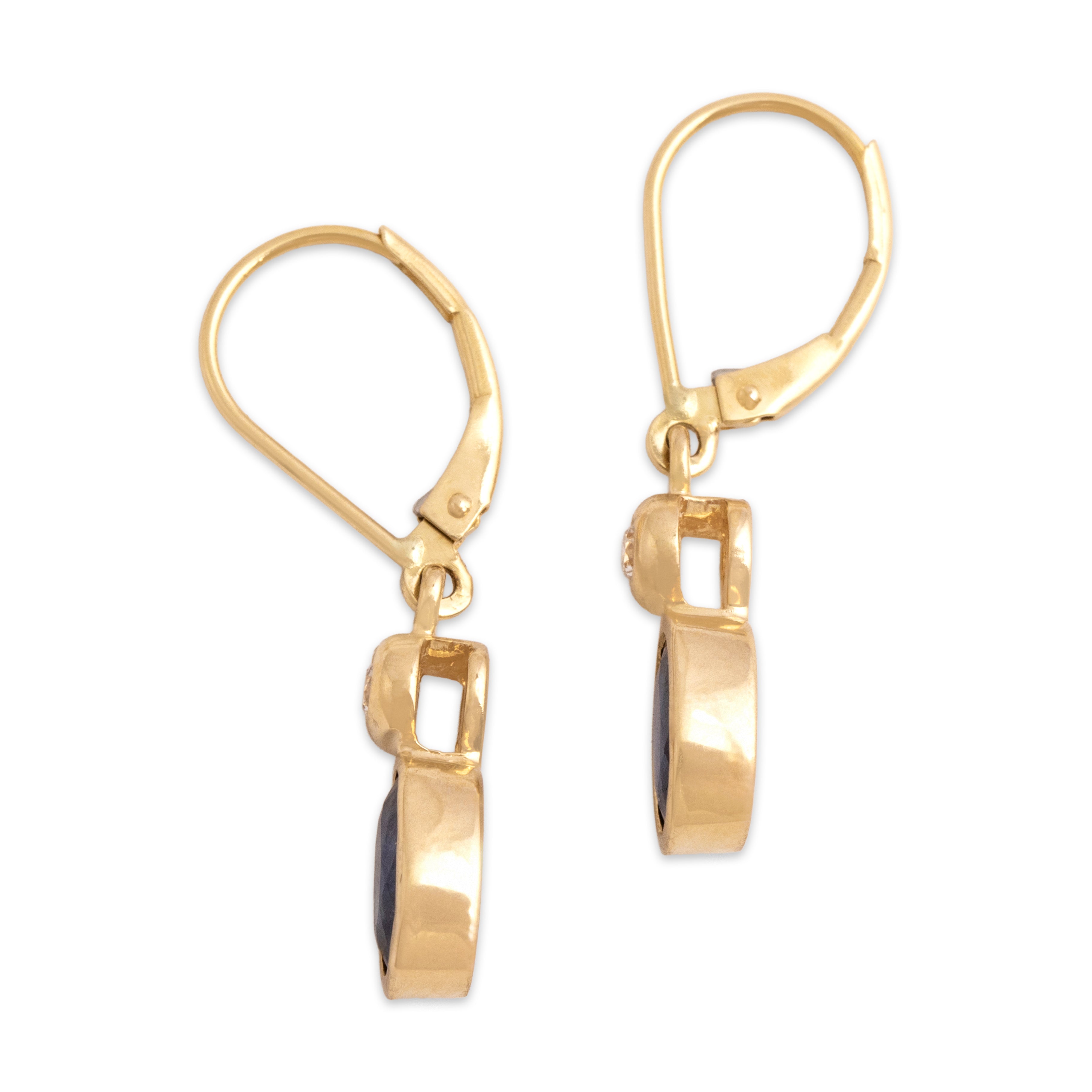 Vintage 14k Yellow Gold 2.15cttw Blue Sapphire Diamond Elegant Bezel-Set Duo Dangle Earrings - Side view