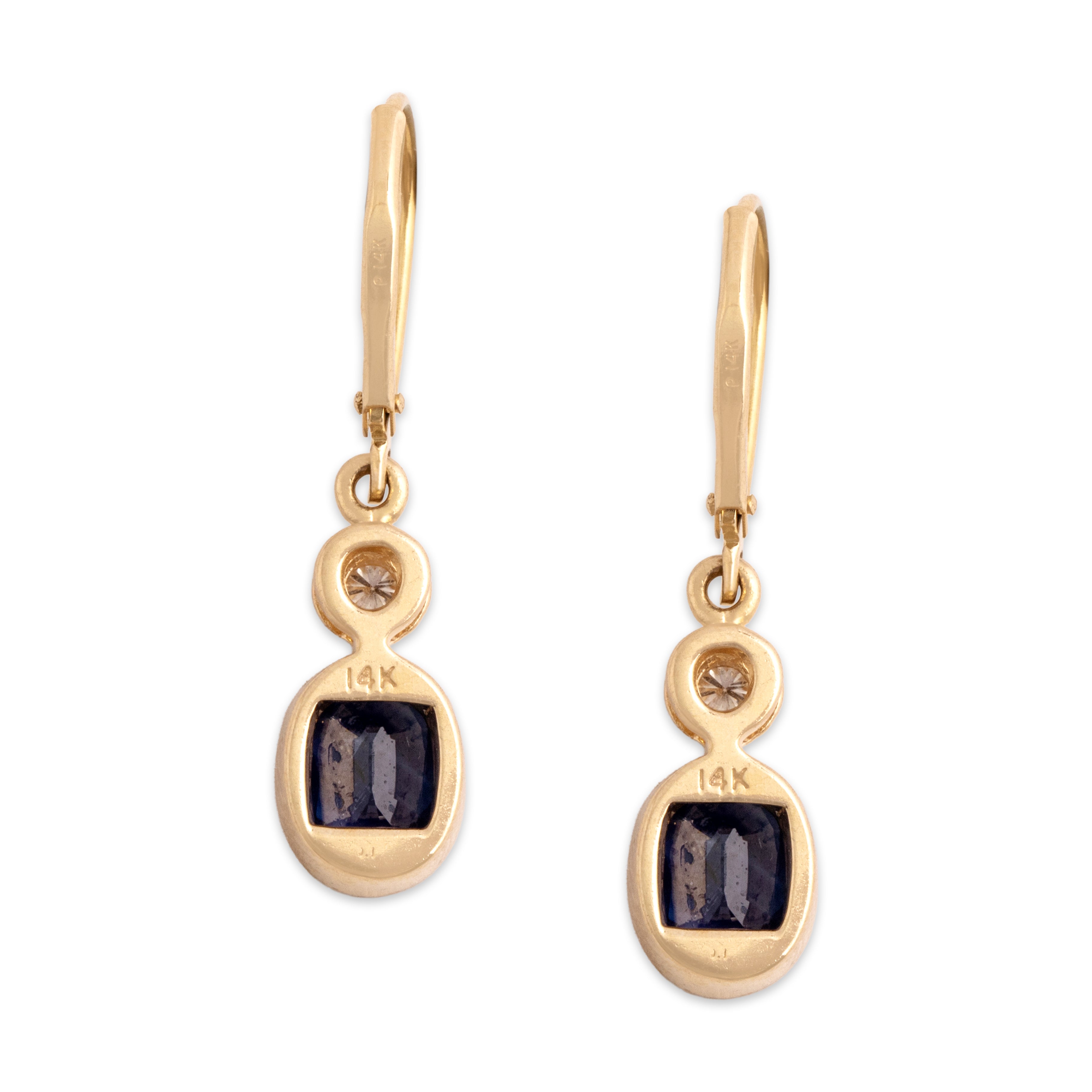 Vintage 14k Yellow Gold 2.15cttw Blue Sapphire Diamond Elegant Bezel-Set Duo Dangle Earrings - Back view