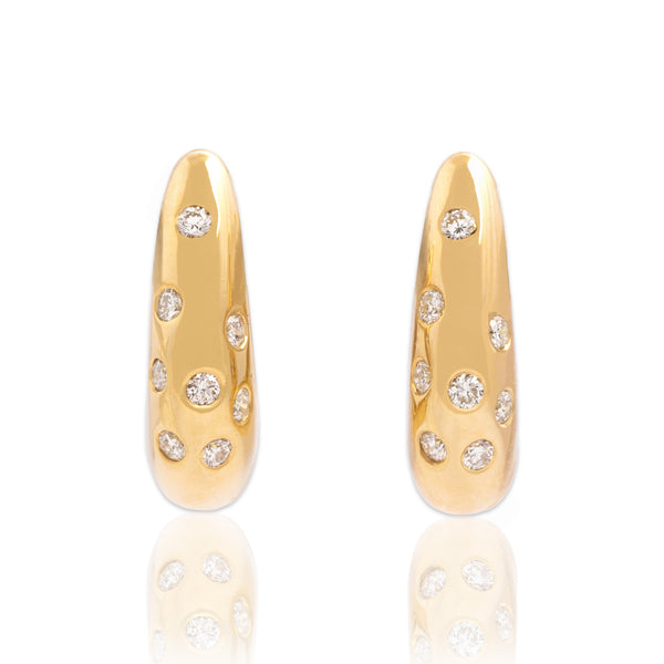 Vintage Italian Heavy 18k Yellow Gold Diamond Sparkling Small Hoop Earrings