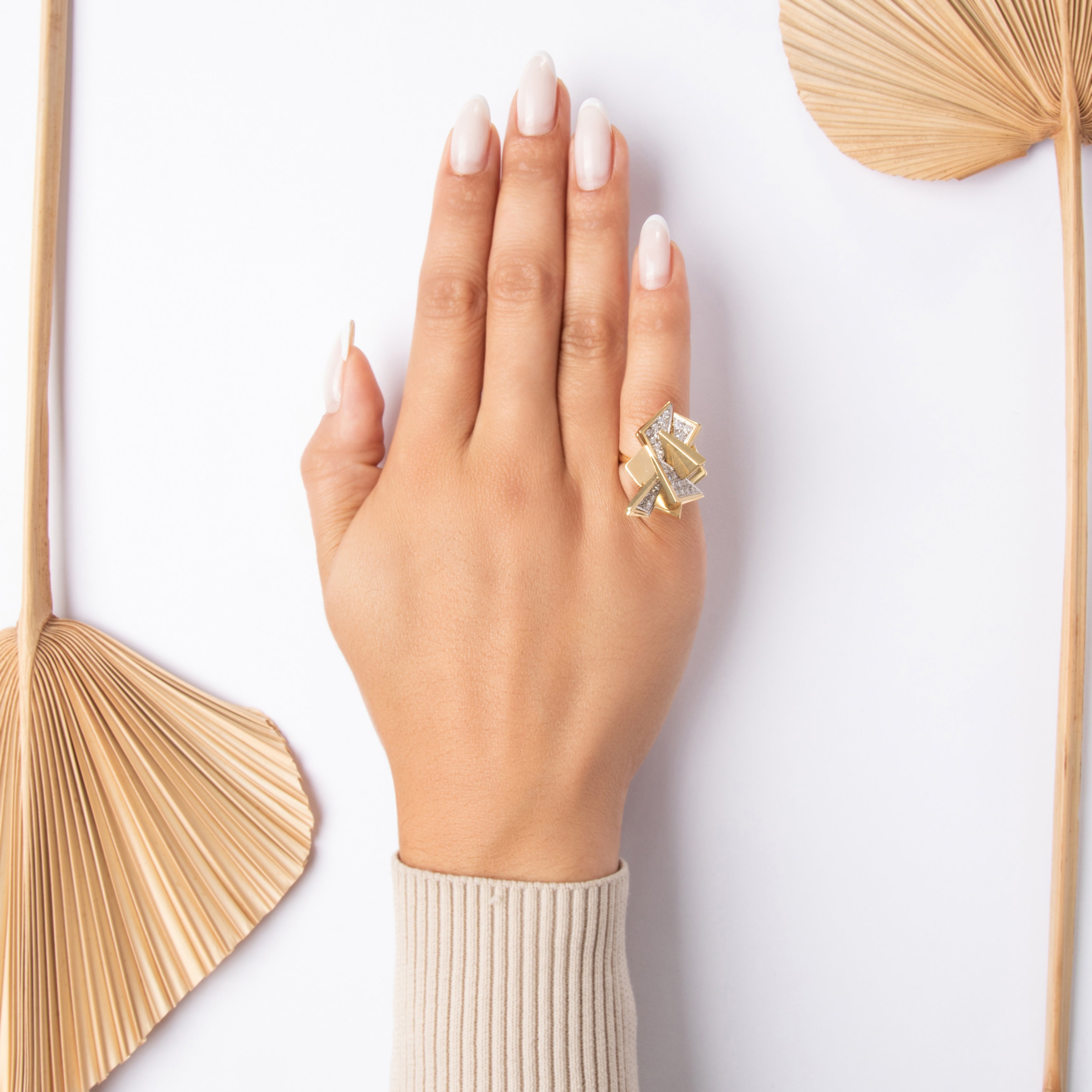 Vintage Heavy 18k Yellow Gold .77cttw Diamond Sculptural Triangular Cluster Ring - On model view