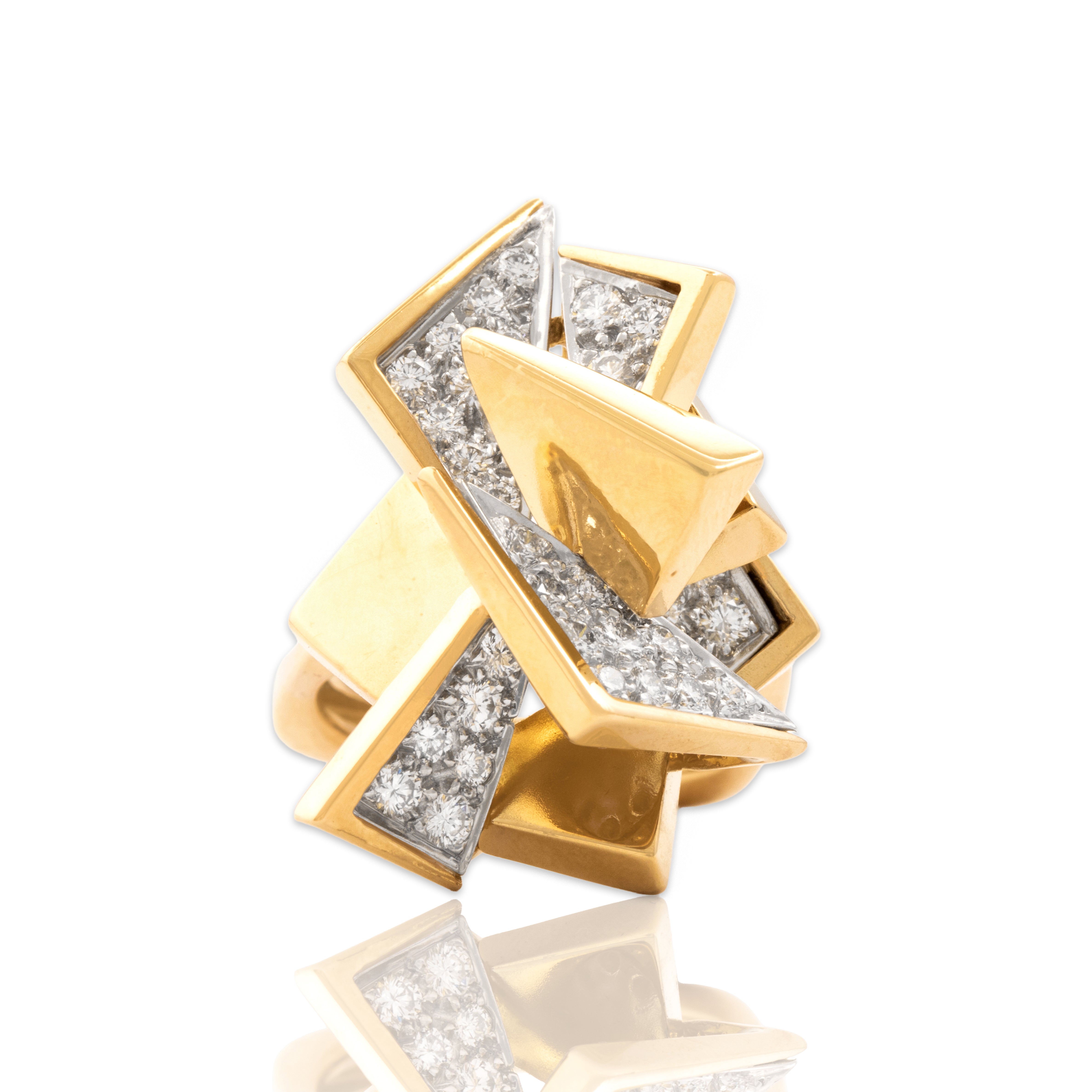 Vintage Heavy 18k Yellow Gold .77cttw Diamond Sculptural Angular Ring 6.25