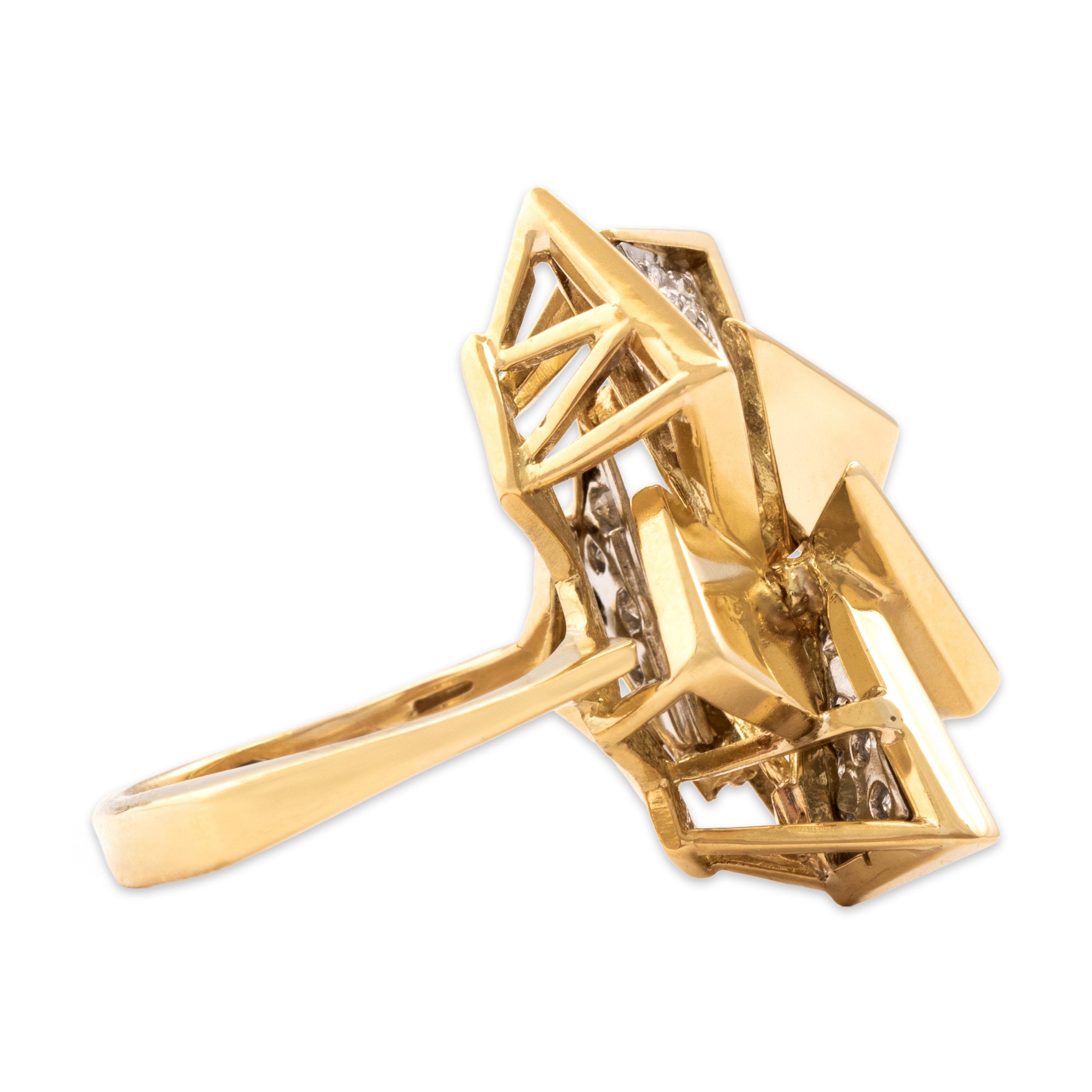 Vintage Heavy 18k Yellow Gold .77cttw Diamond Sculptural Triangular Cluster Ring - Side view