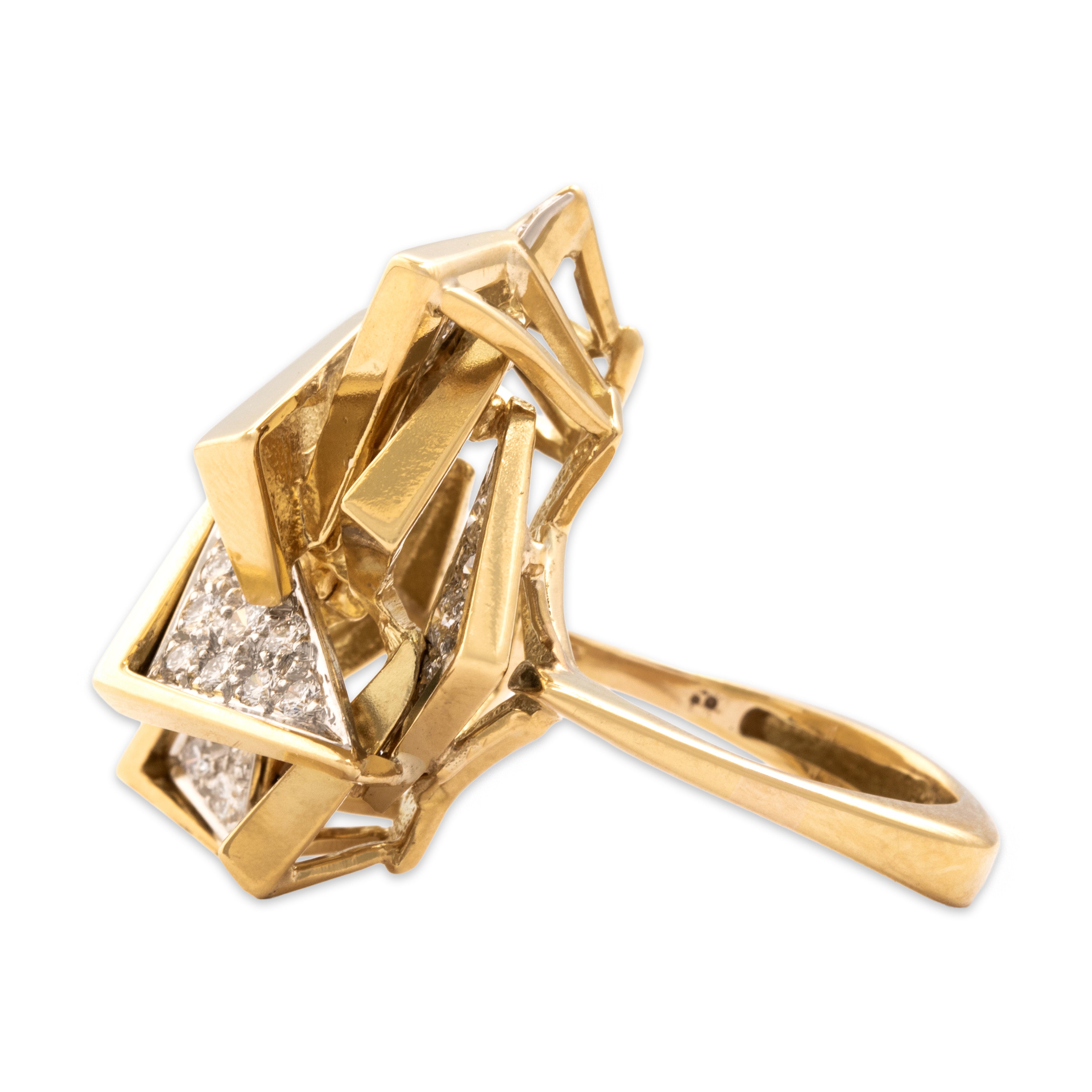 Vintage Heavy 18k Yellow Gold .77cttw Diamond Sculptural Triangular Cluster Ring - Side view