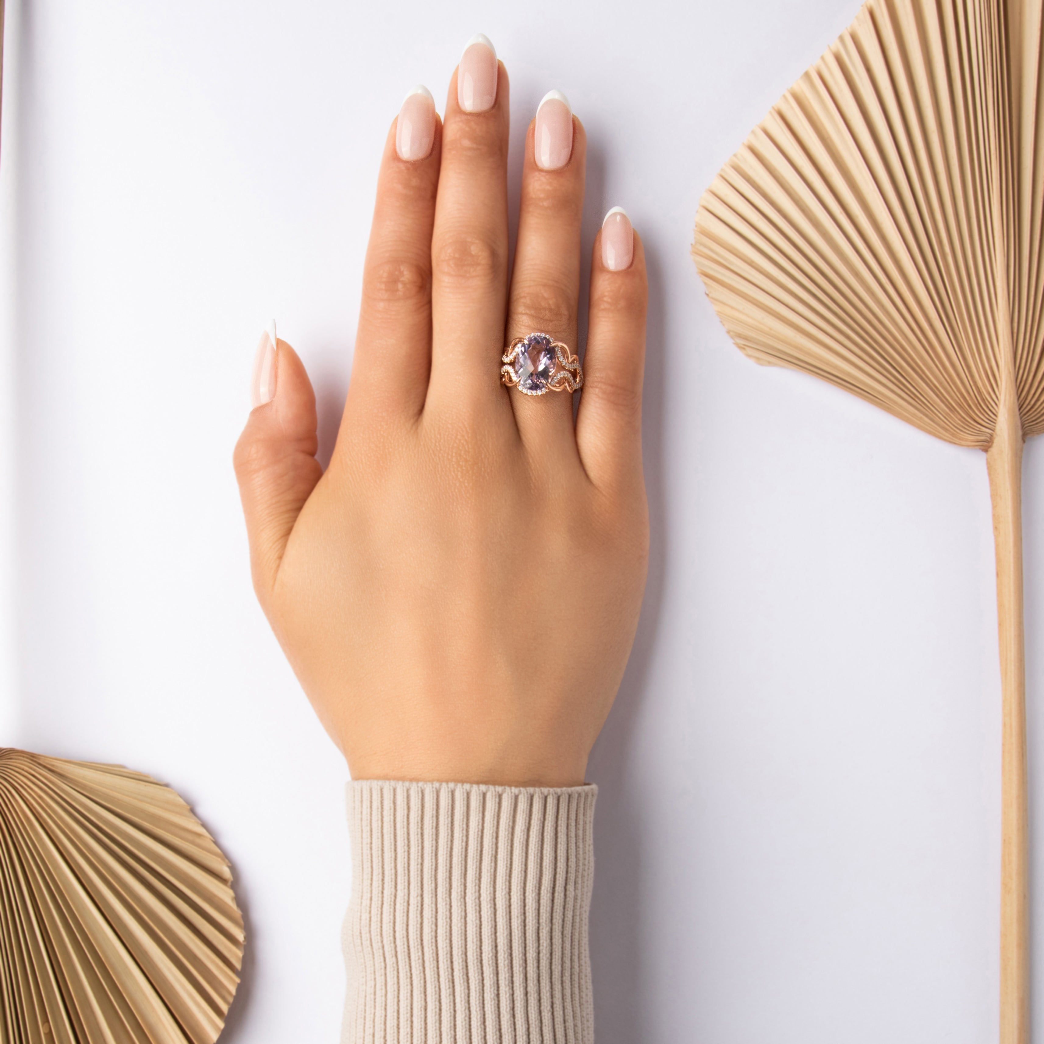 Estate 14k Rose Gold 5.27ct Amethyst Diamond Flashing Claw-Prong Cocktail Ring - On model view
