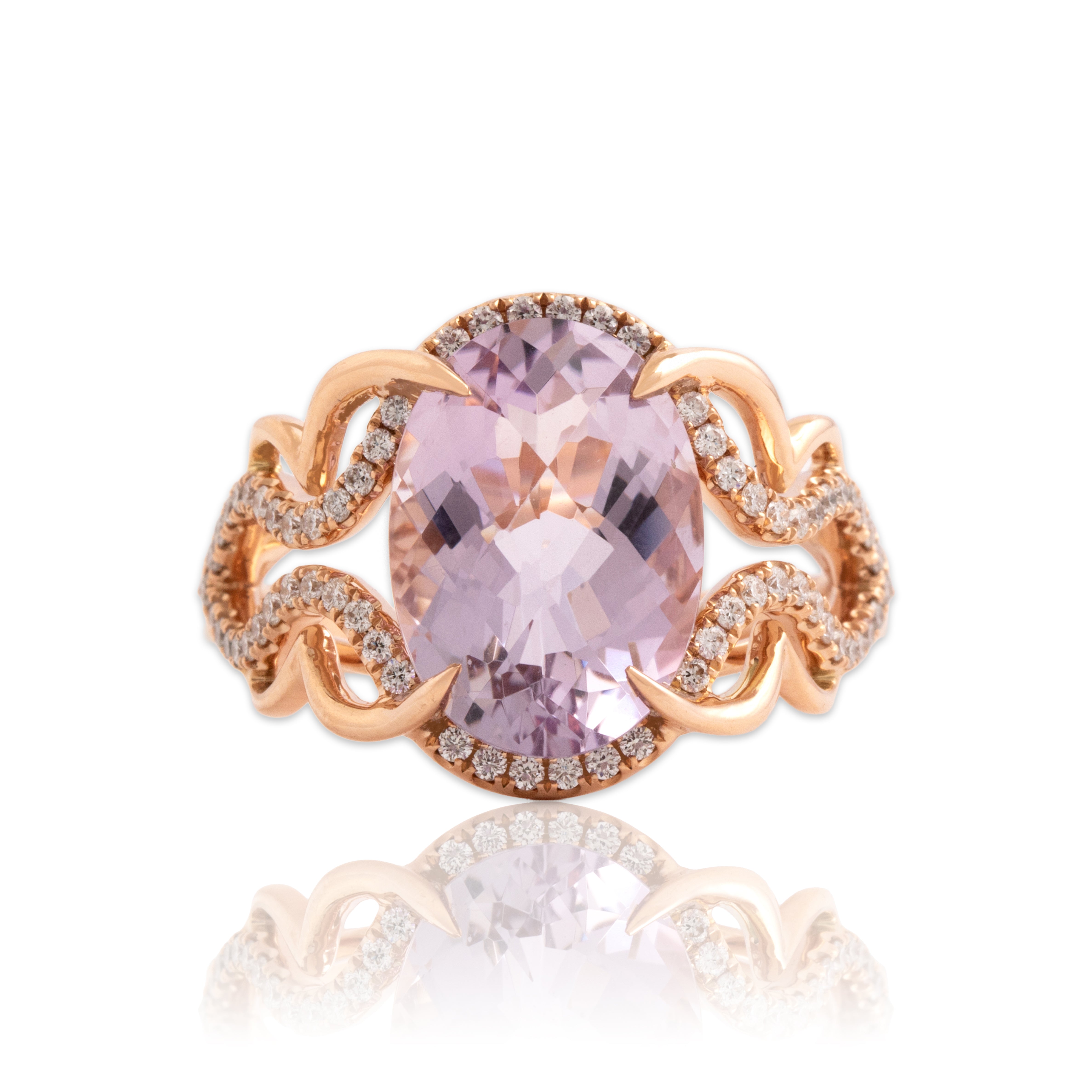 Estate 14k Rose Gold 5.27ct Amethyst Diamond Flashing Claw-Prong Cocktail Ring - Close-up view