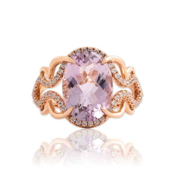 Estate 14k Rose Gold 5.27ct Amethyst Diamond Flashing Claw-Prong Cocktail Ring - Close-up view