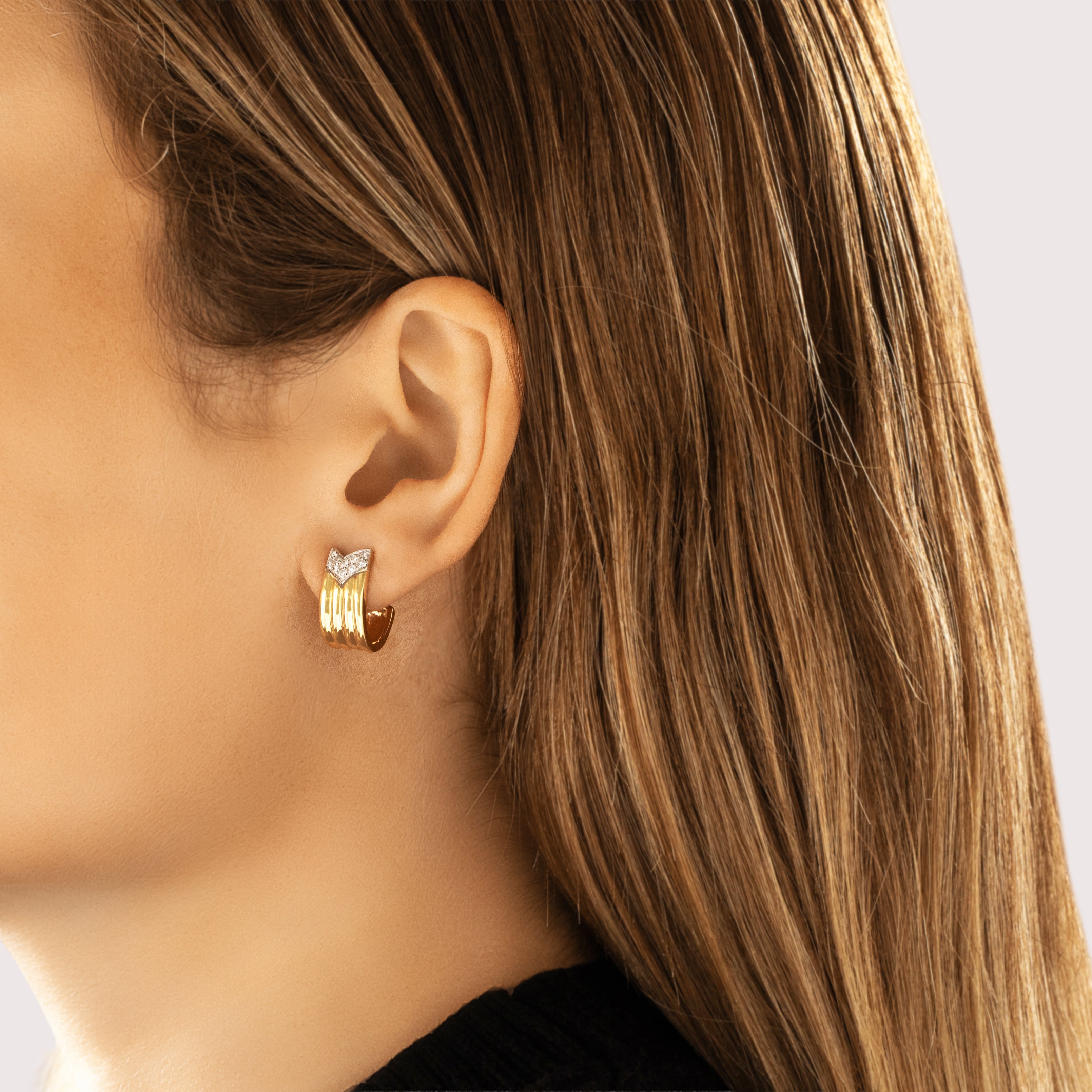 Vintage Italian Substantial 18k Yellow & White Gold Diamond Stunning Ribbed Chevron Semi-Hoop Earrings - On model view