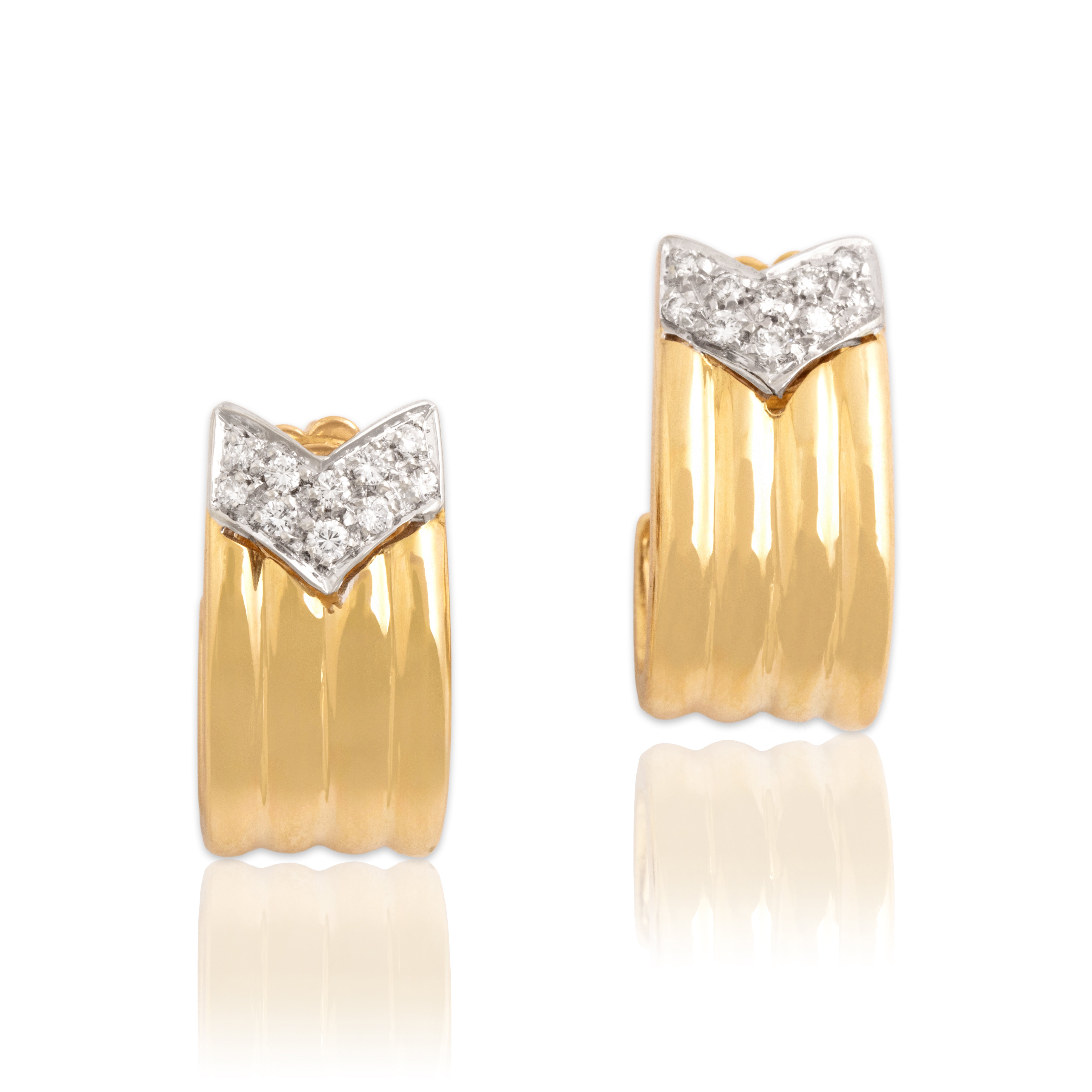 Vintage Italian Substantial 18k Yellow & White Gold Diamond Chevron Stud Earrings