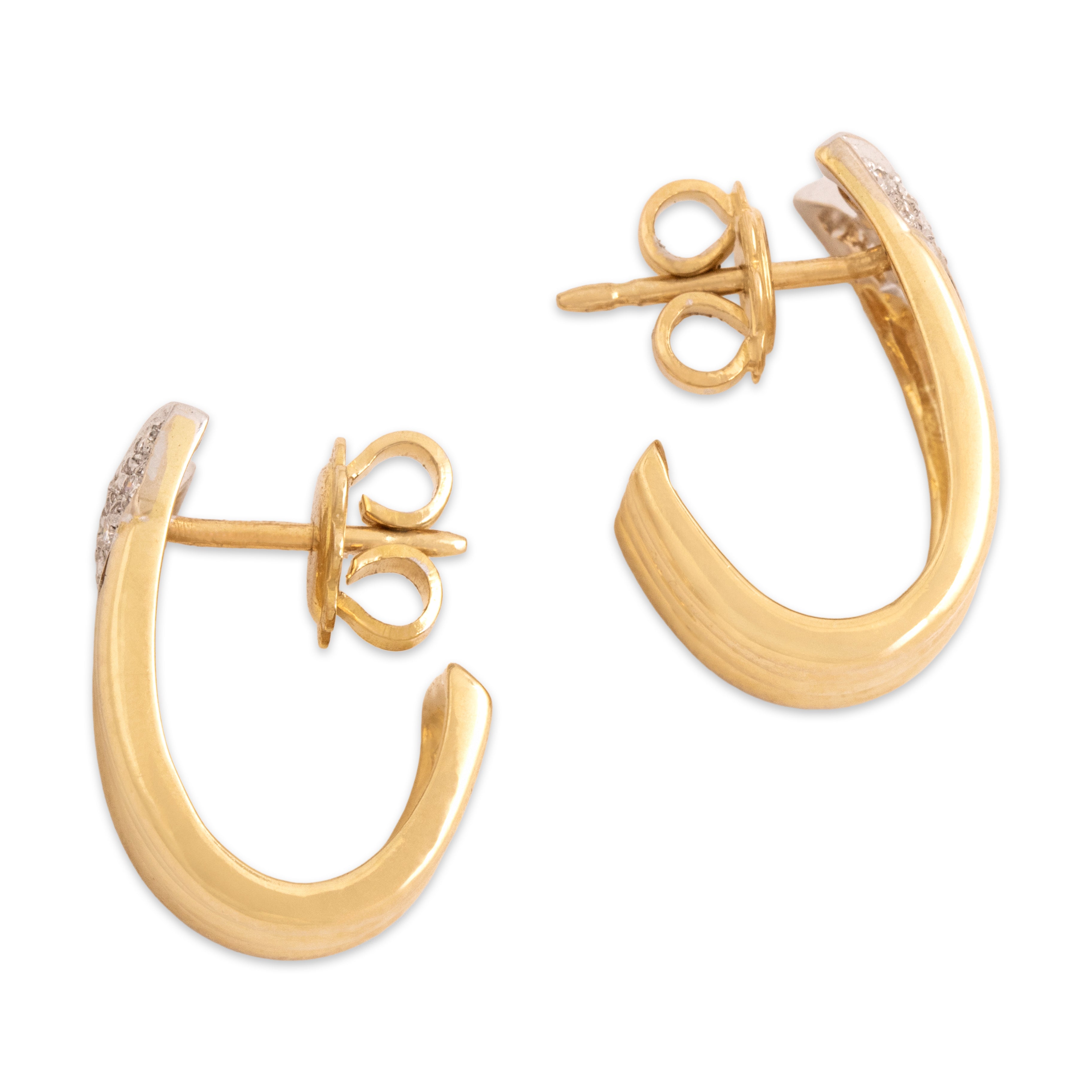 Vintage Italian Substantial 18k Yellow & White Gold Diamond Stunning Ribbed Chevron Semi-Hoop Earrings - Side view