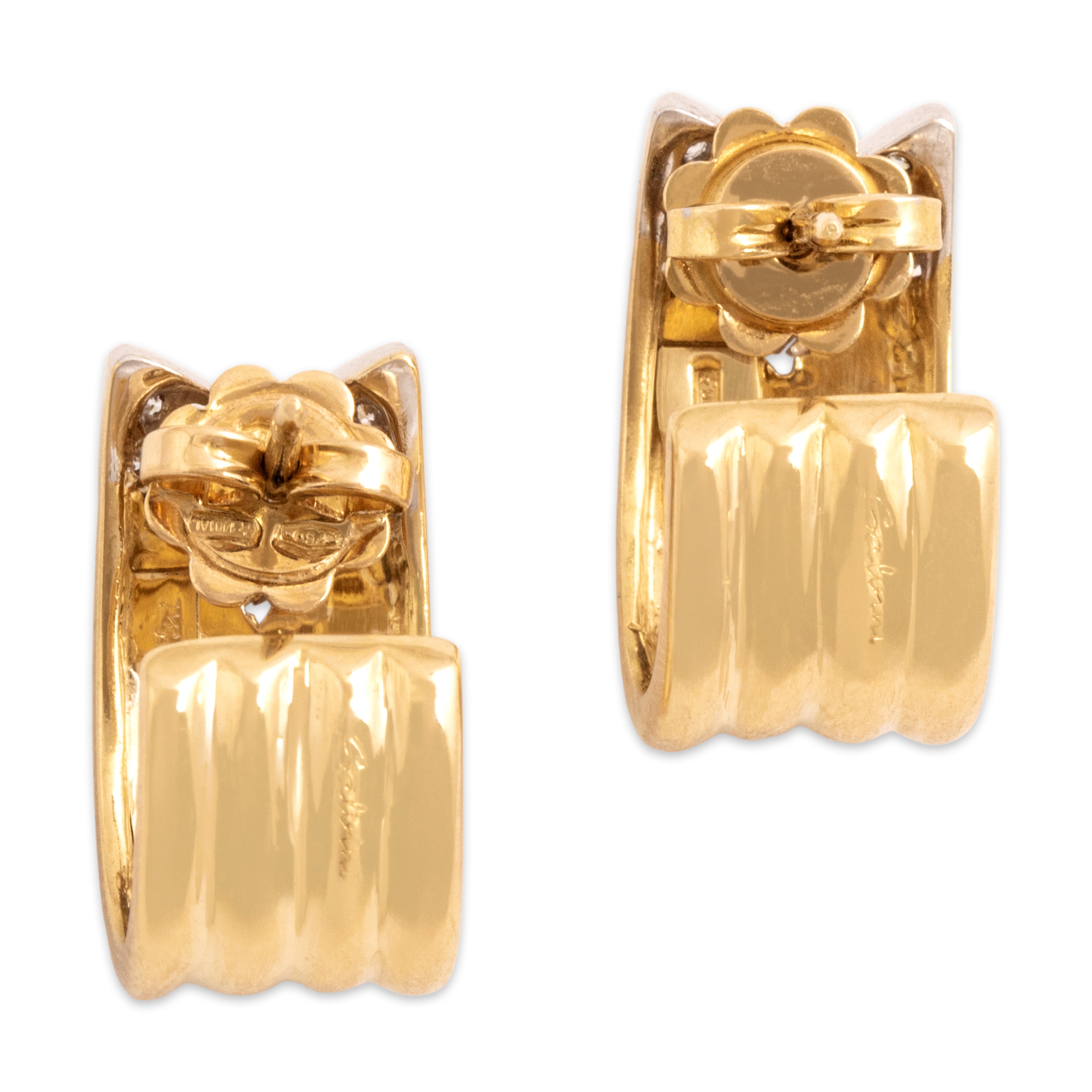 Vintage Italian Substantial 18k Yellow & White Gold Diamond Stunning Ribbed Chevron Semi-Hoop Earrings - Back view