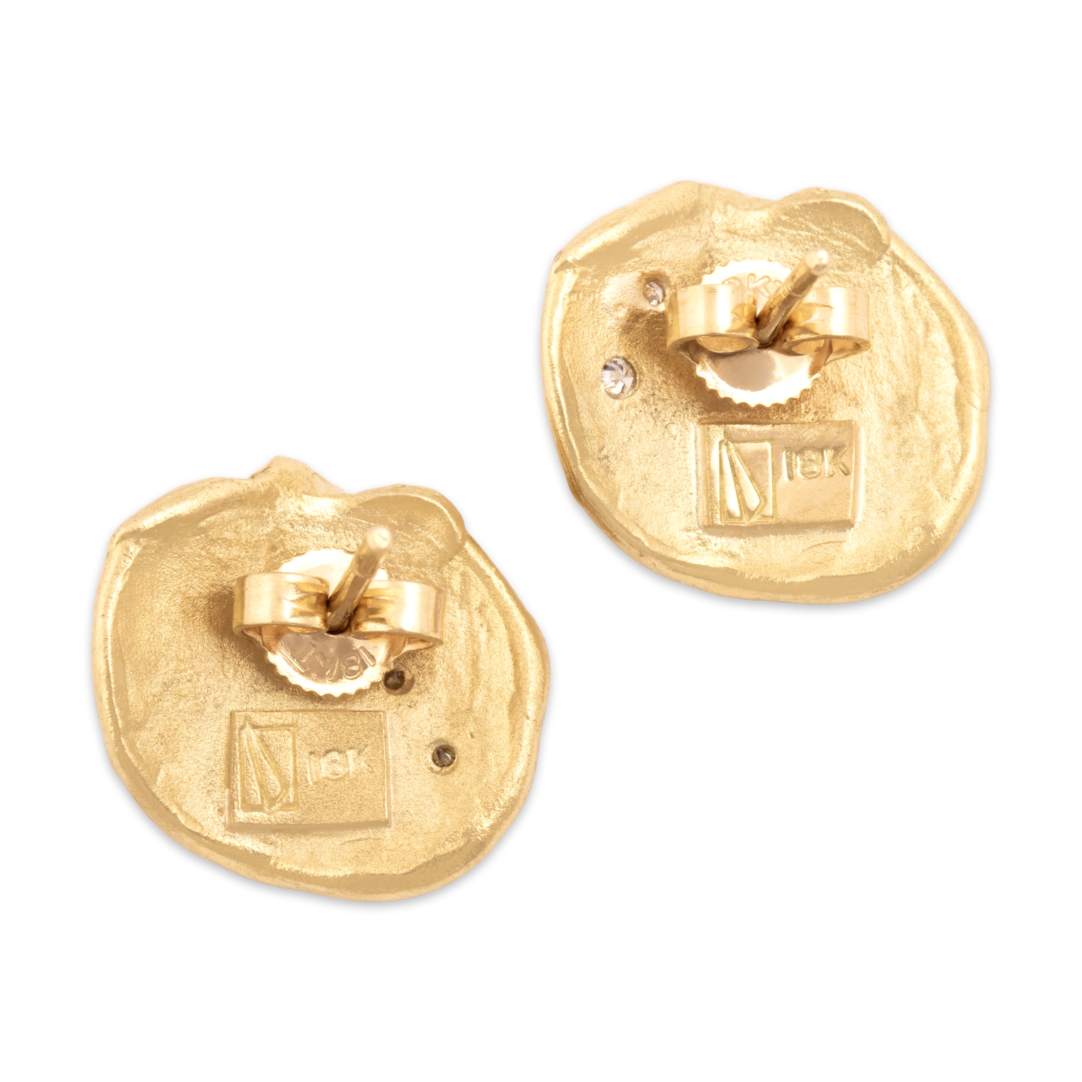 Vintage 18k Yellow Gold Diamond Artistic Textured Lilypad Stud Earrings - Back view