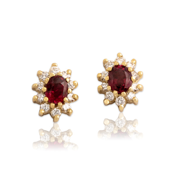 Vintage 18k & 14k Yellow Gold .84cttw Ruby Diamond Classic Halo Stud Earrings