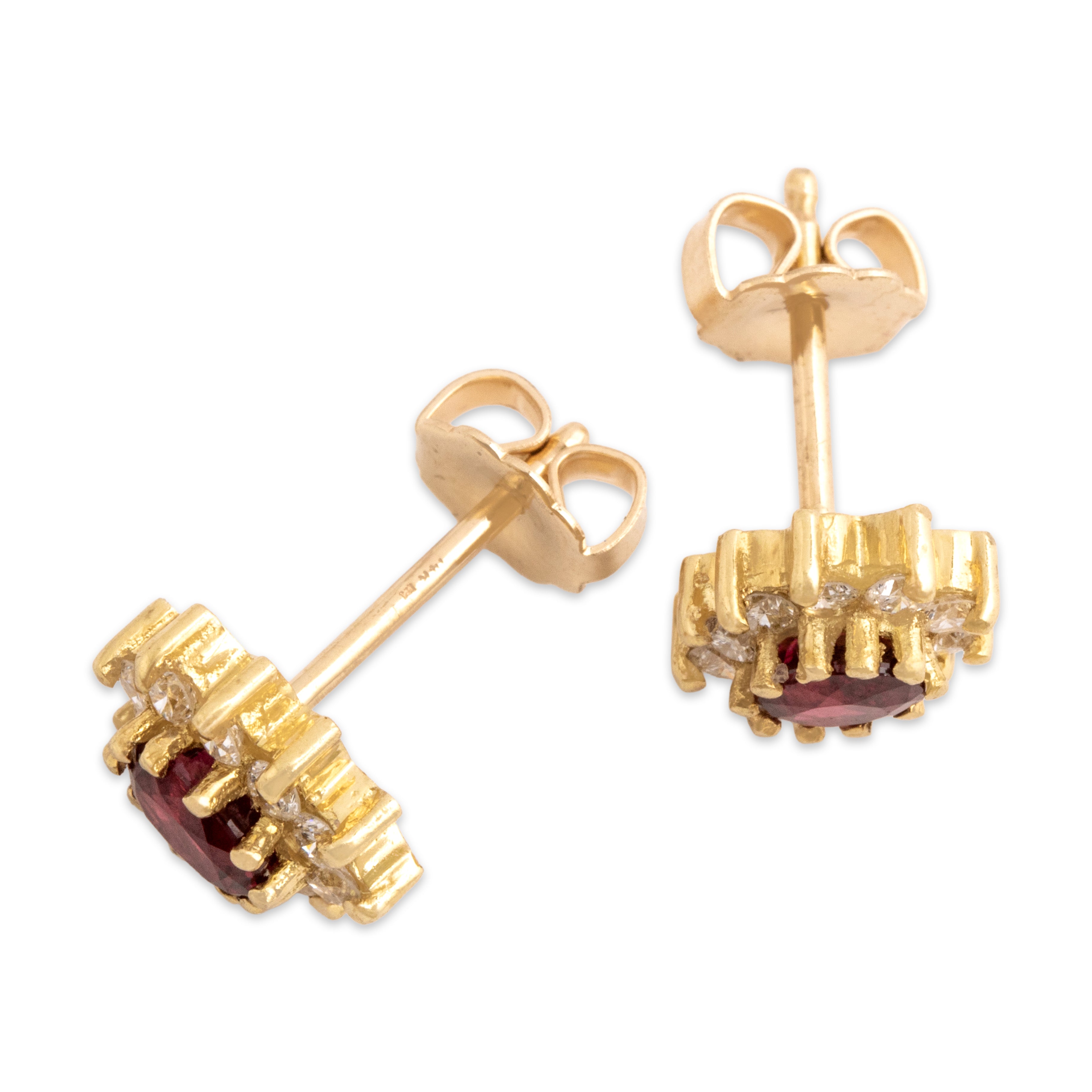 Vintage 18k & 14k Yellow Gold .84cttw Ruby Diamond Classic Oval Halo Stud Earrings - Overall view