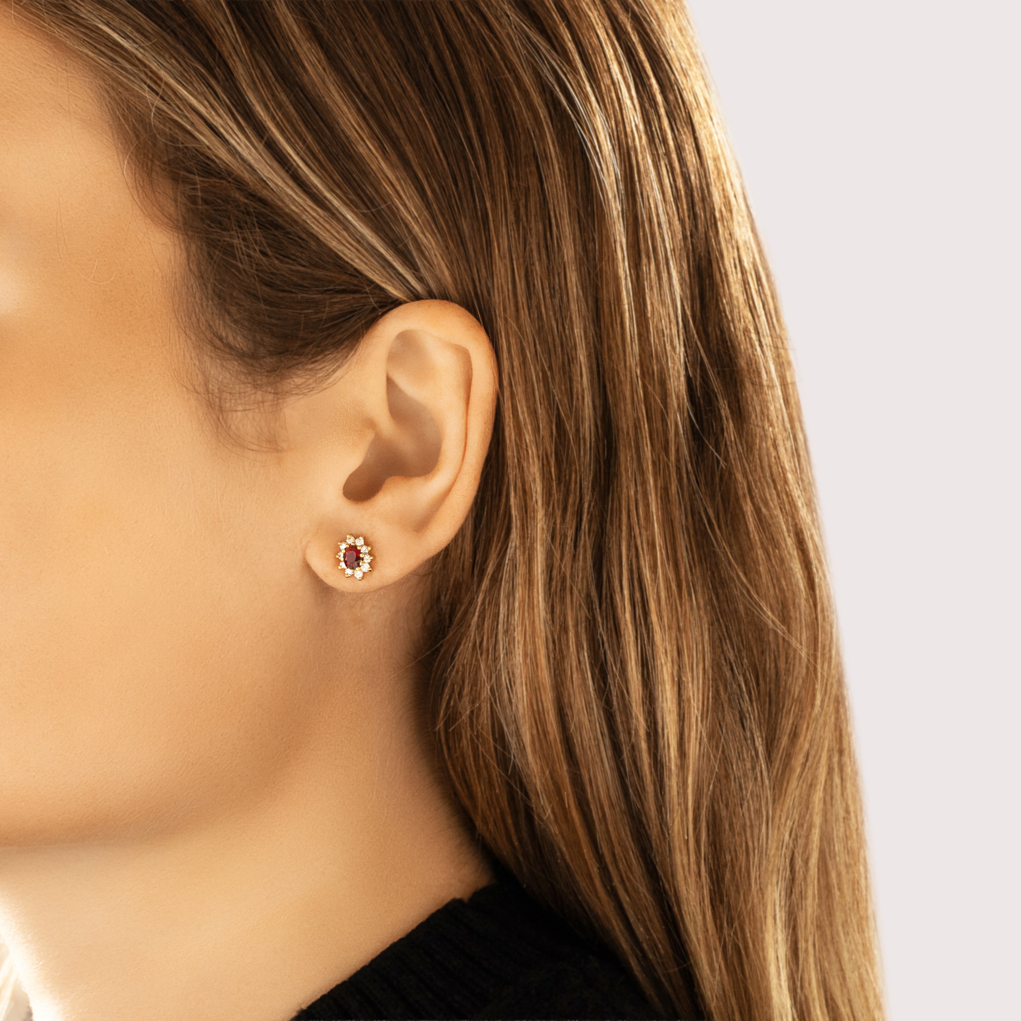 Vintage 18k & 14k Yellow Gold .84cttw Ruby Diamond Classic Oval Halo Stud Earrings - On model view