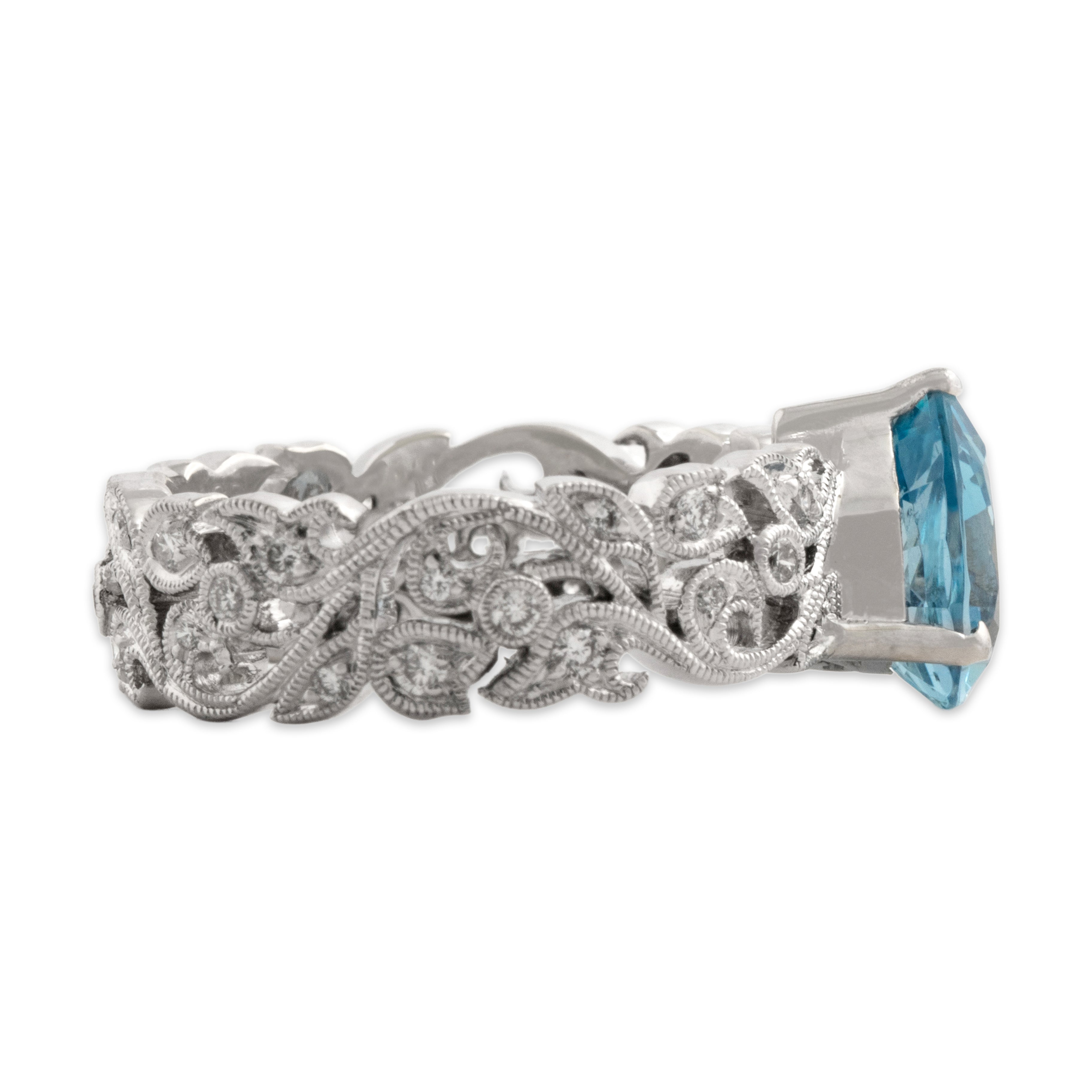 Vintage 18k White Gold 1.5ct Santa Maria Aquamarine Diamond Wrapping Vines Eternity Ring - Side view