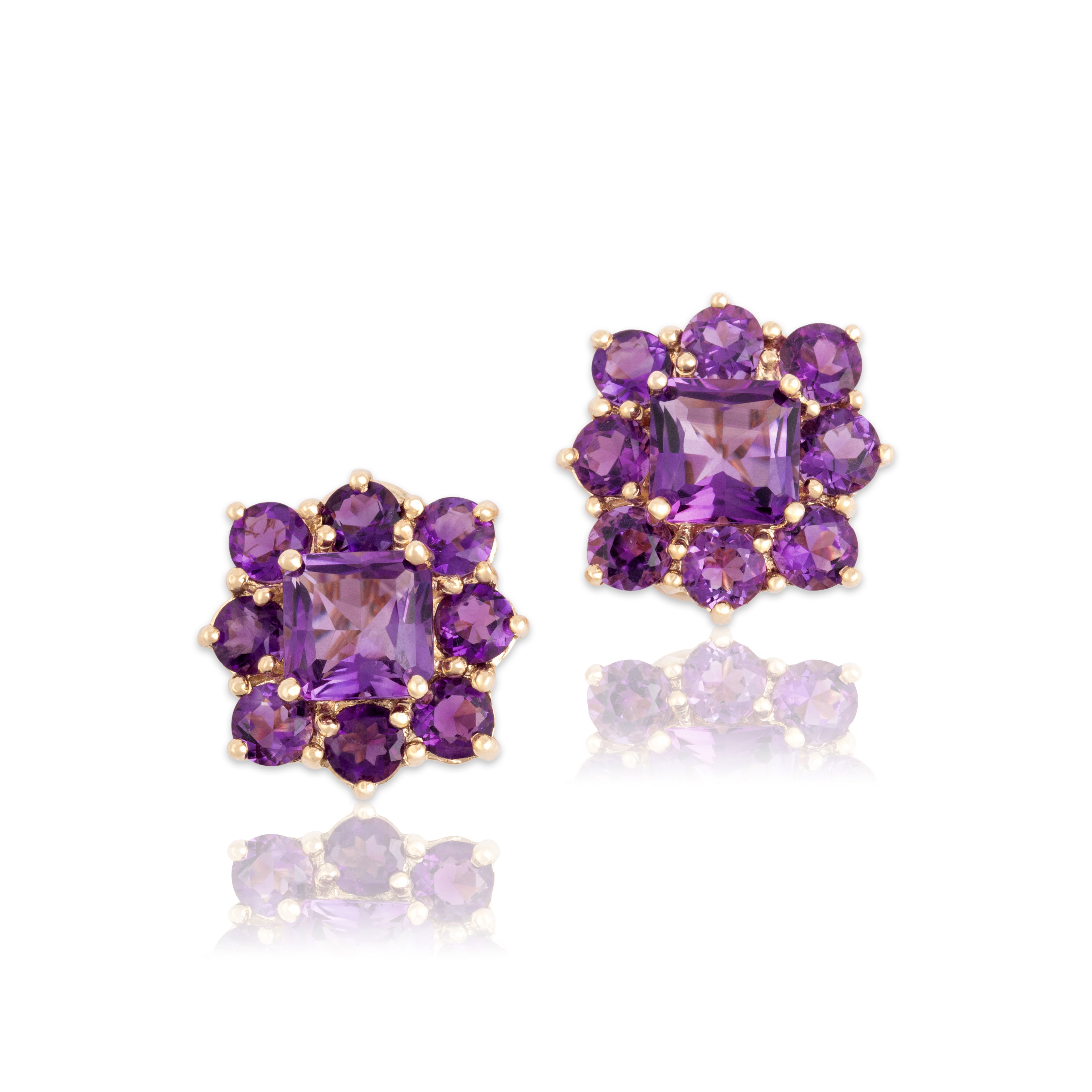 Vintage 10k Yellow Gold 5.94cttw Amethyst Floriform Cluster Omega-Back Earrings