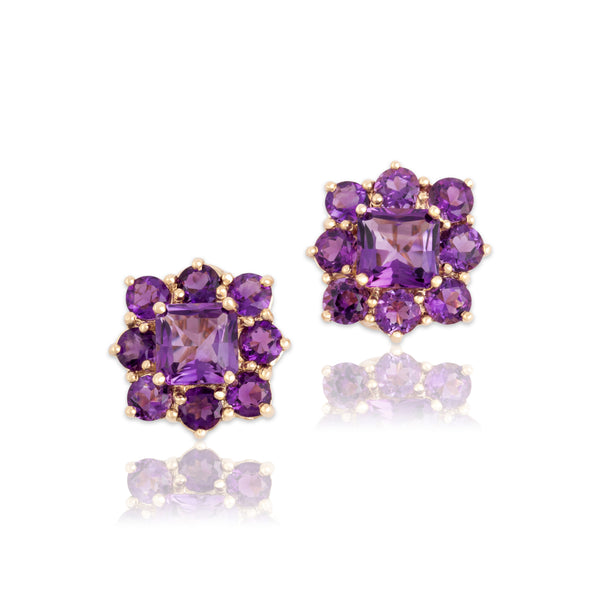 Vintage 10k Yellow Gold 5.94cttw Amethyst Floriform Cluster Omega-Back Earrings