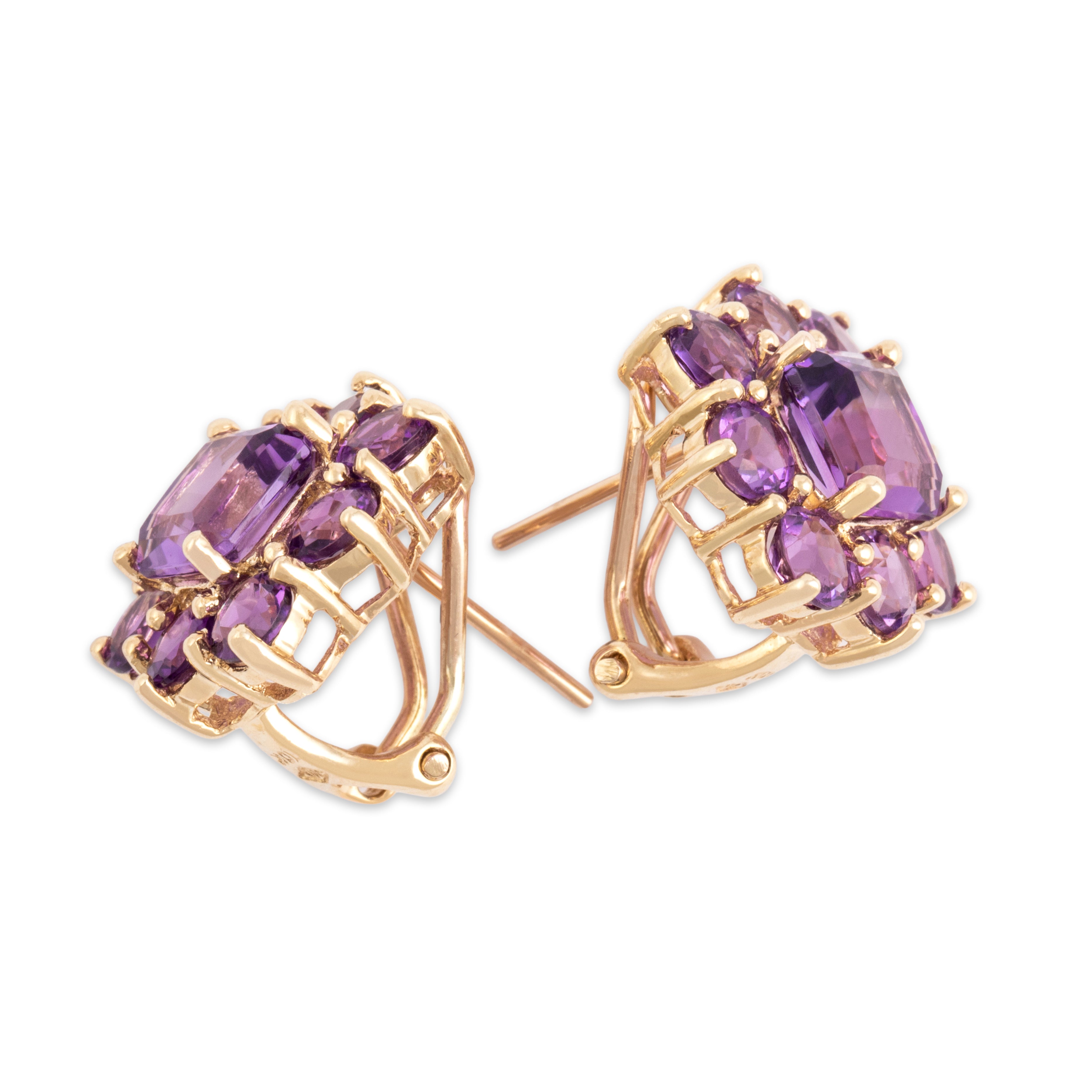 Vintage 10k Yellow Gold 5.94cttw Amethyst Floriform Cluster Omega Back Earrings - Side view