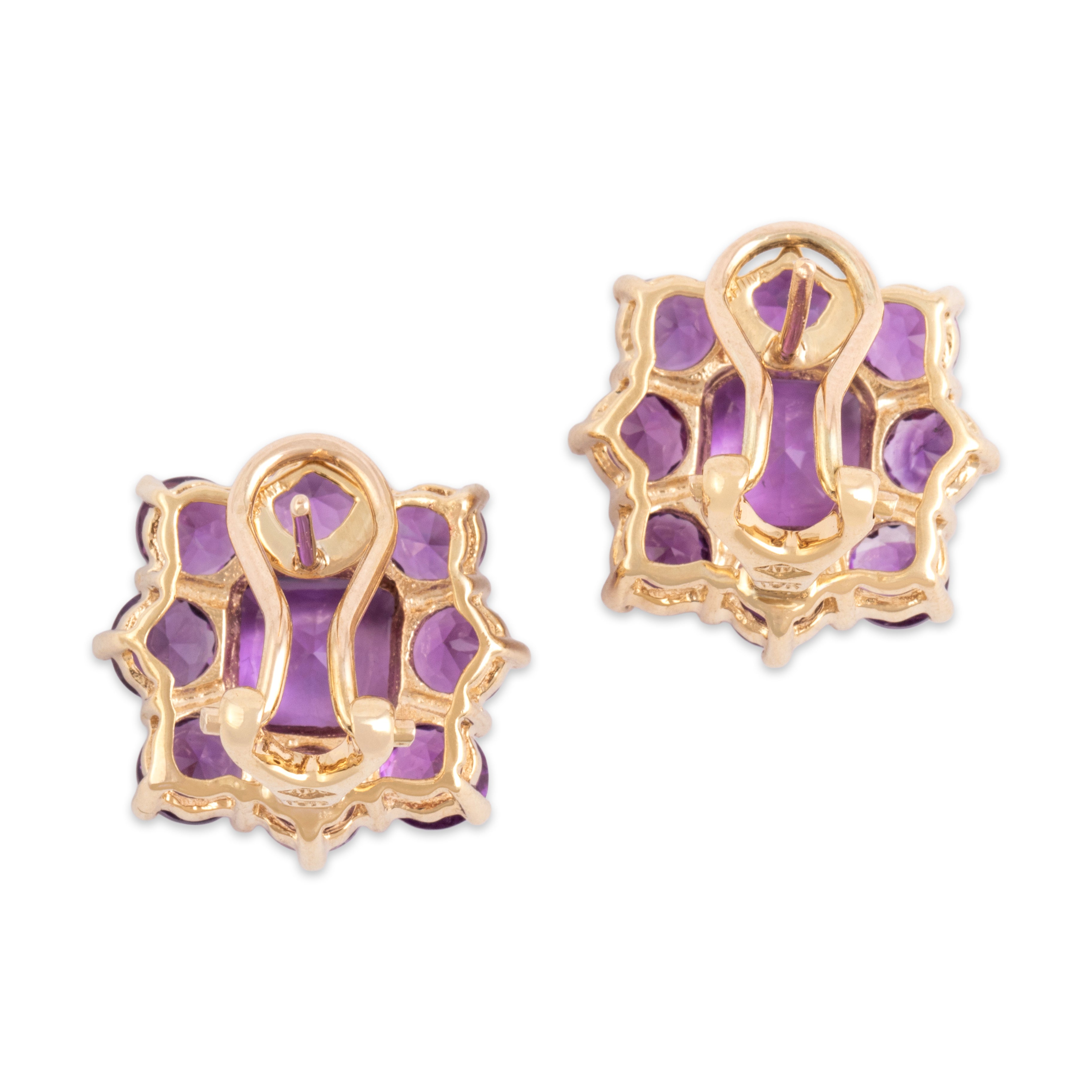 Vintage 10k Yellow Gold 5.94cttw Amethyst Floriform Cluster Omega Back Earrings - Back view