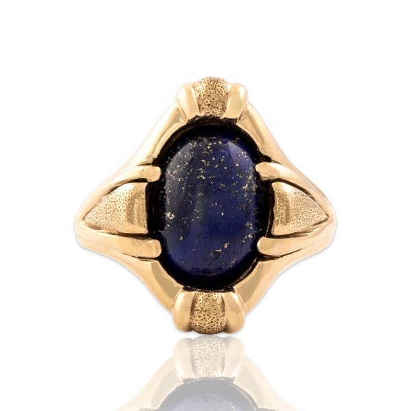 Vintage Heavy 14k Yellow Gold 4.8ct Lapis Lazuli Bold Textured Oval Ring 9.00