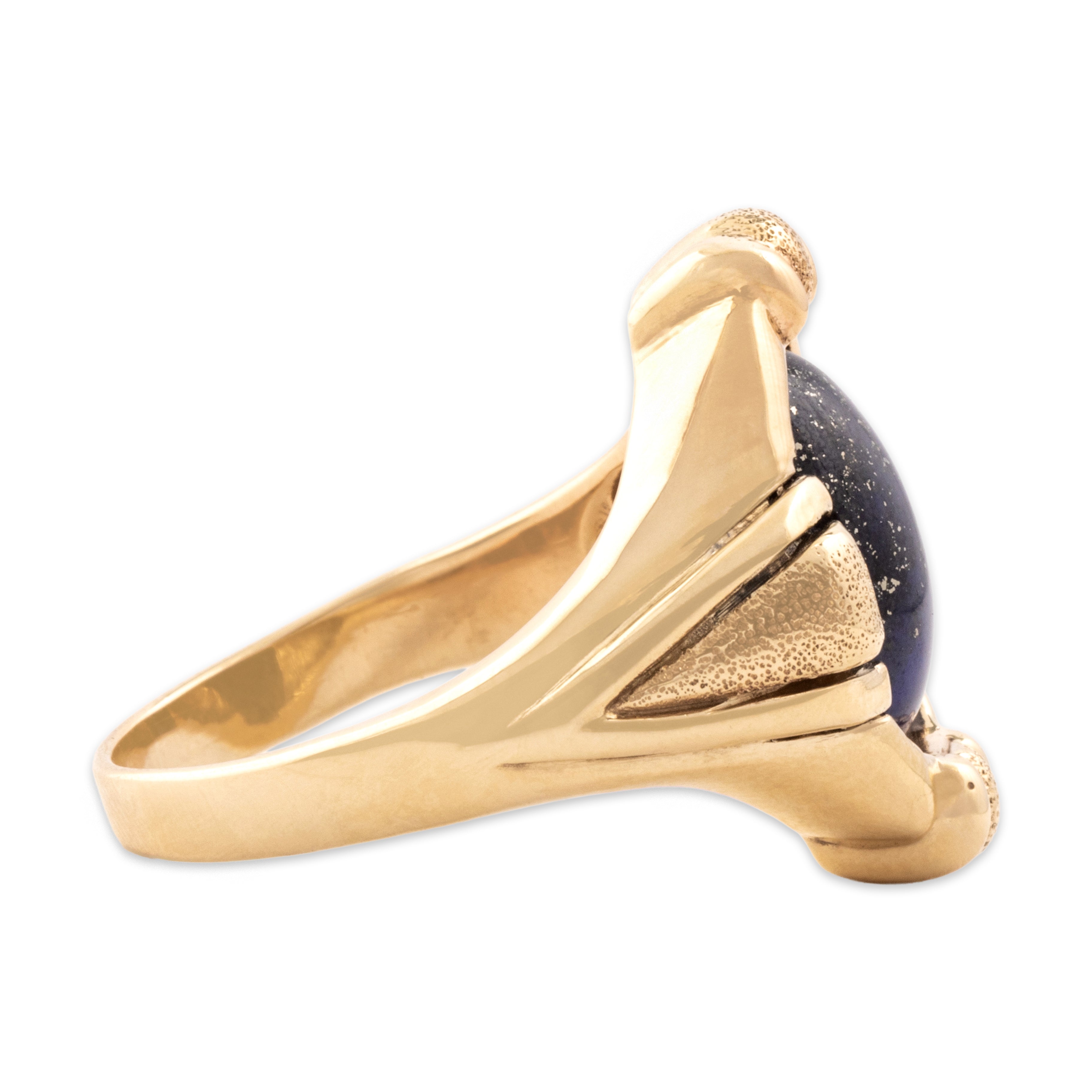 Vintage Heavy 14k Yellow Gold 4.8ct Lapis Lazuli Bold Textured Oval Ring - Side view