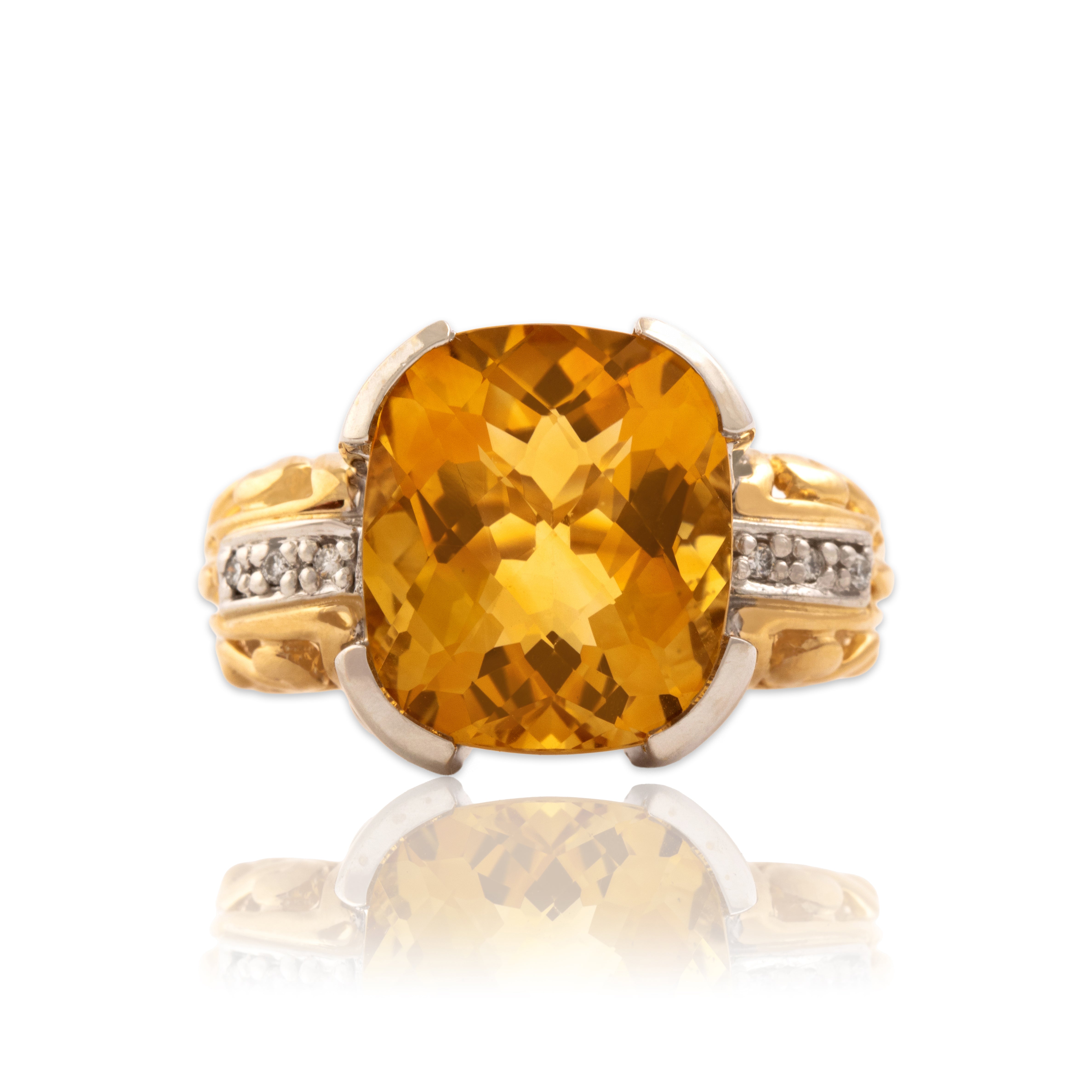 Vintage Large 14k Yellow & White Gold 8.37ct Citrine Diamond Checkerboard Ring 7.75