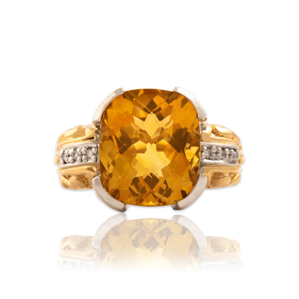 Vintage Large 14k Yellow & White Gold 8.37ct Citrine Diamond Checkerboard Ring 7.75