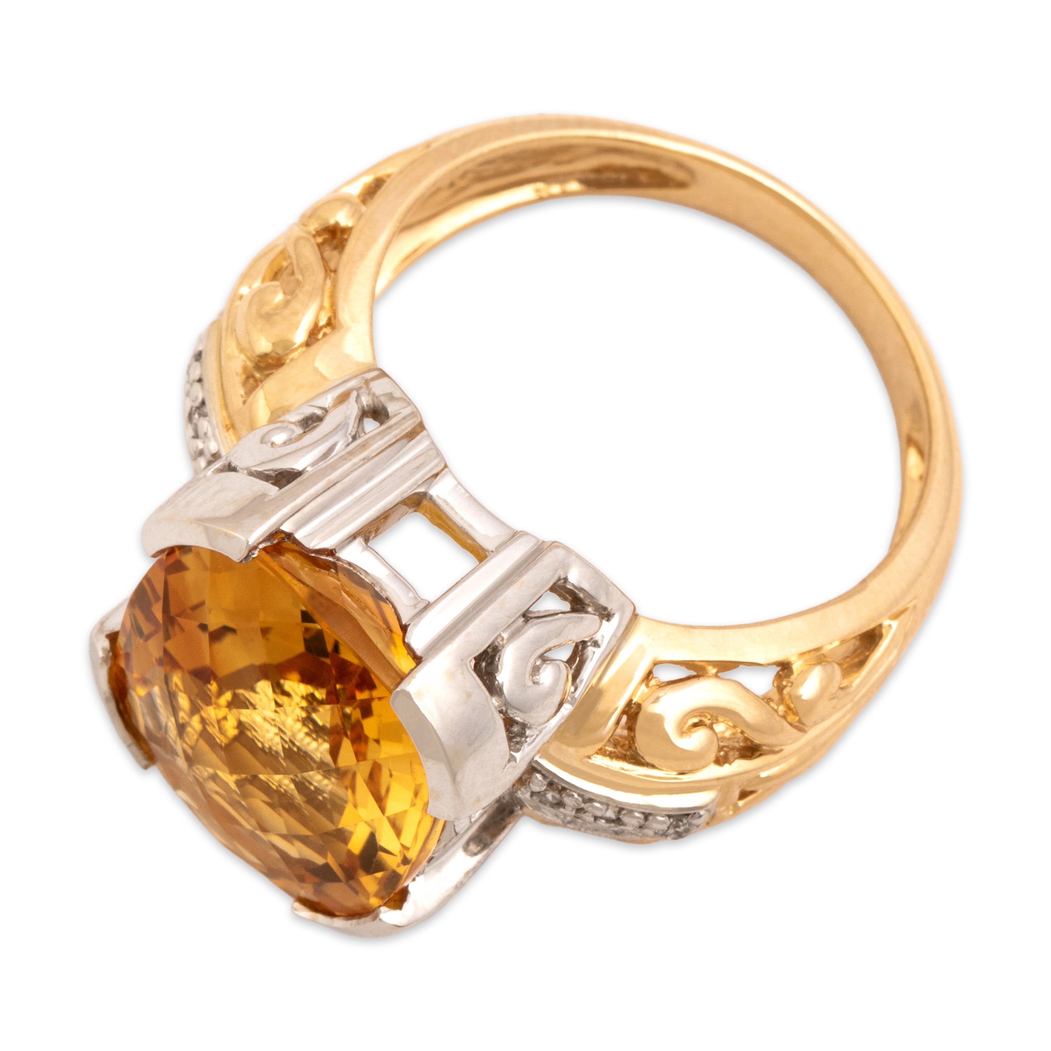 Vintage Large 14k Yellow & White Gold 8.37ct Citrine Diamond Checkerboard Cushion Cocktail Ring - Overall view