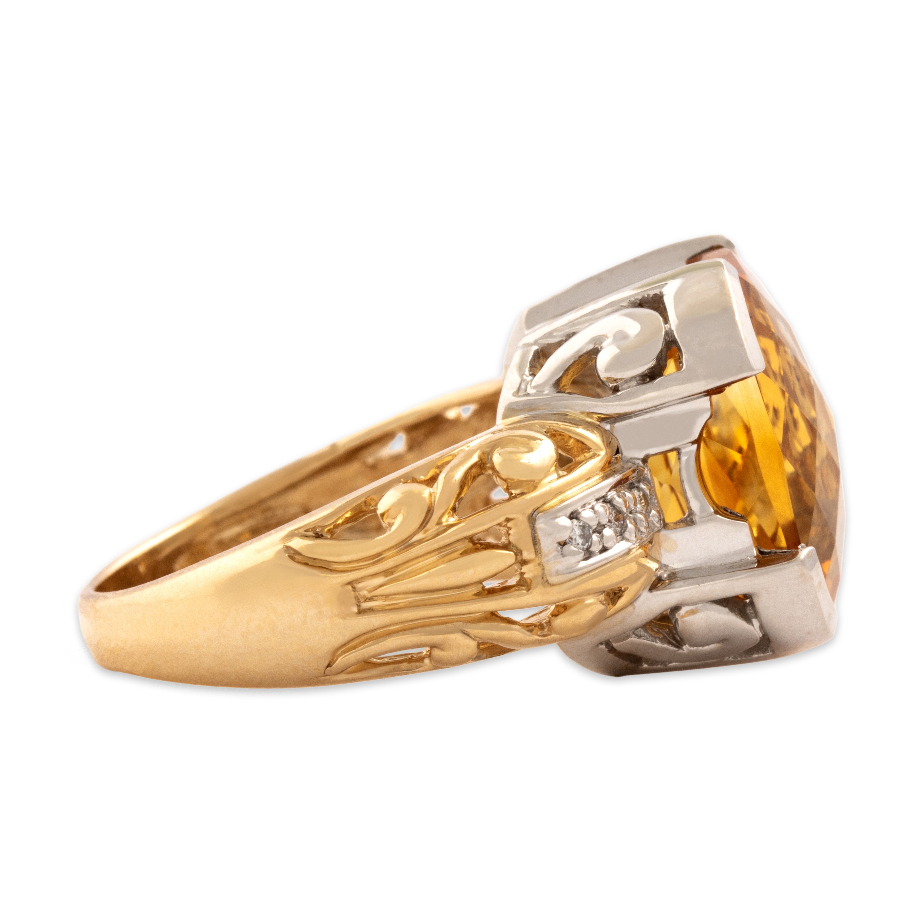 Vintage Large 14k Yellow & White Gold 8.37ct Citrine Diamond Checkerboard Cushion Cocktail Ring - Side view