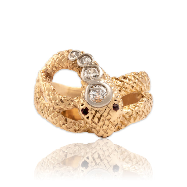 Vintage 14k Yellow Gold Diamond Ruby Wide Wrapping Snake Ring 8.25