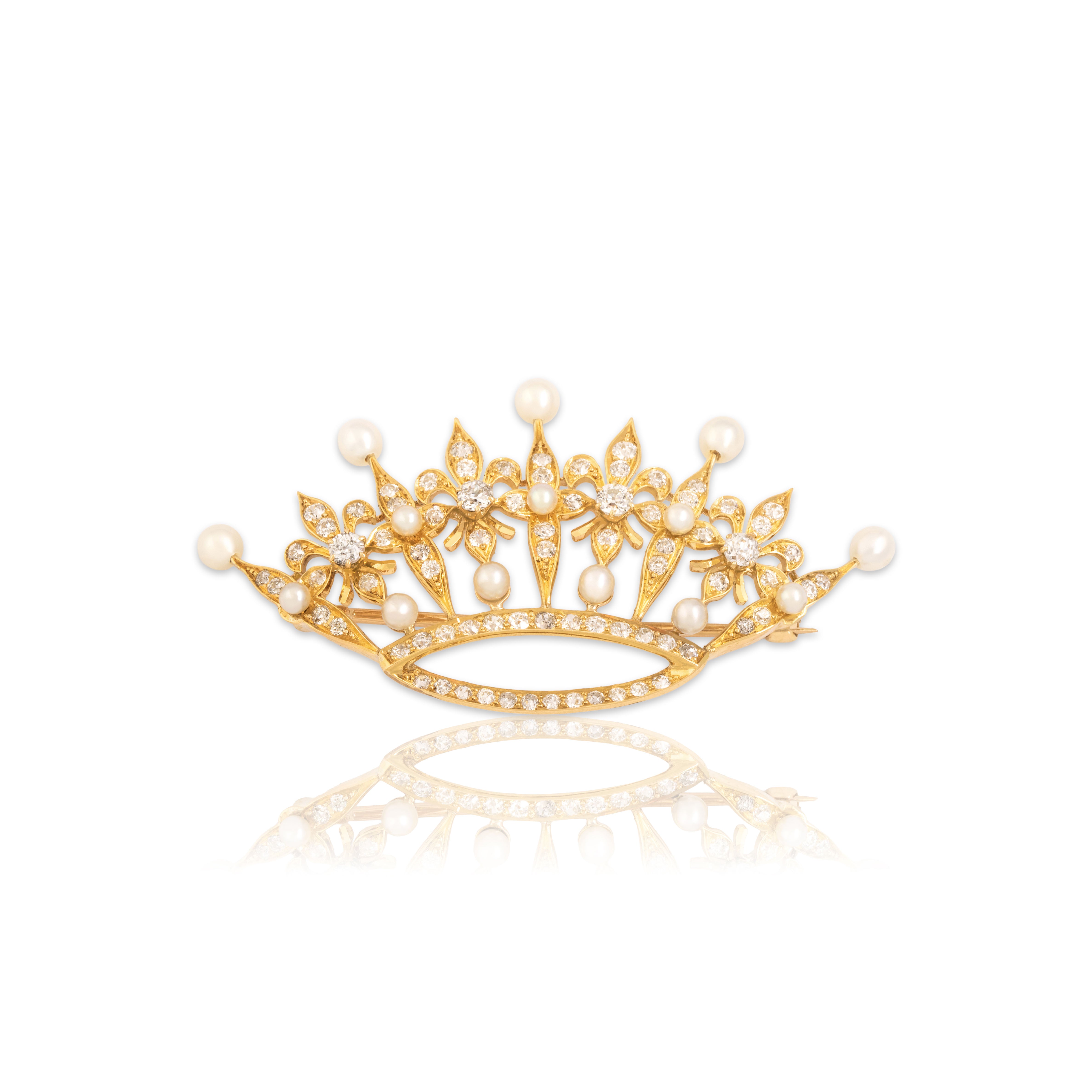 Antique Edwardian Large 14k Yellow Gold 1.55cttw Old Mine Cut Diamond Pearl Tiara Brooch / Pin