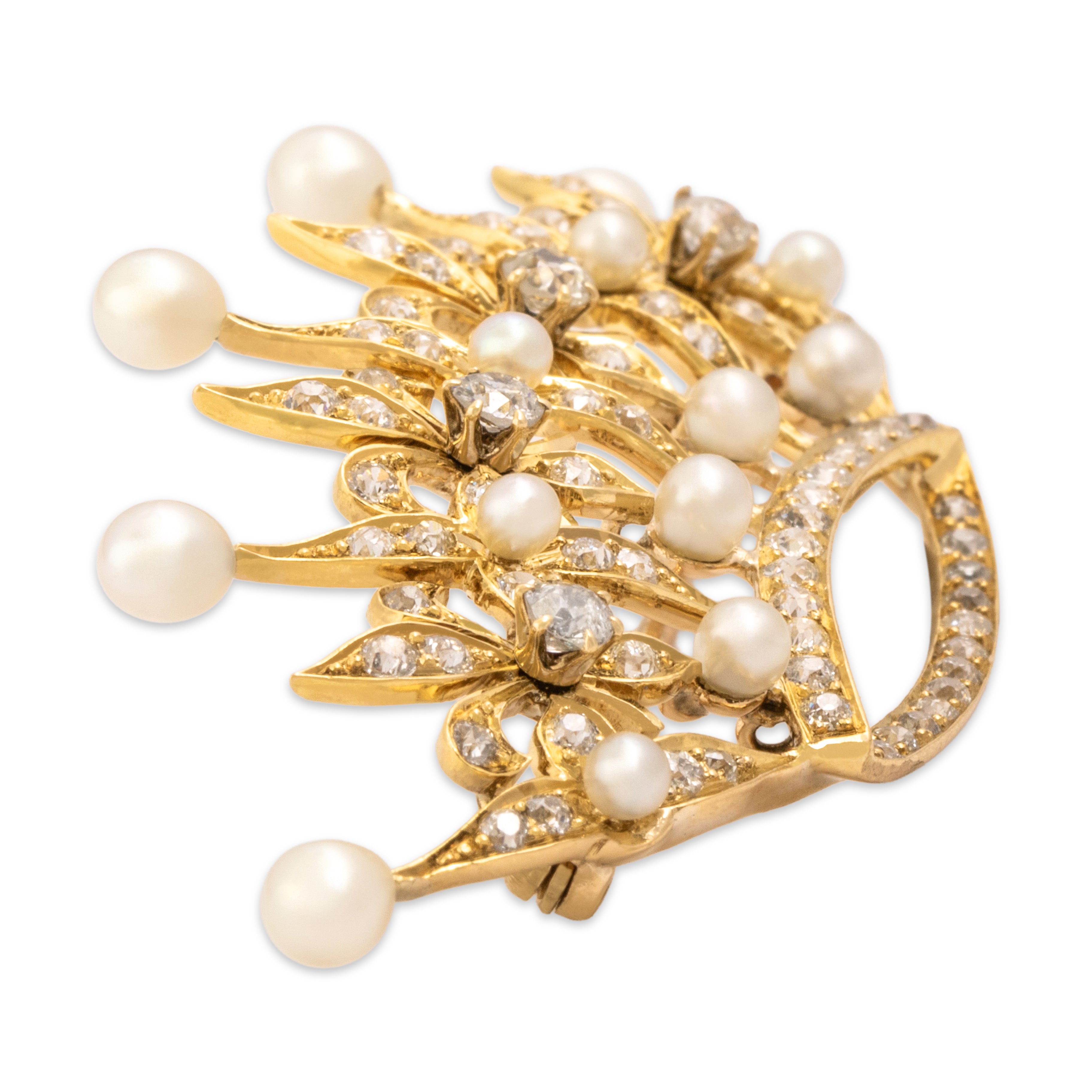 Antique Edwardian Large 14k Yellow Gold 1.55cttw Old Mine Cut Diamond Pearl Superb Sparkling Tiara Brooch / Pin - detail view #1