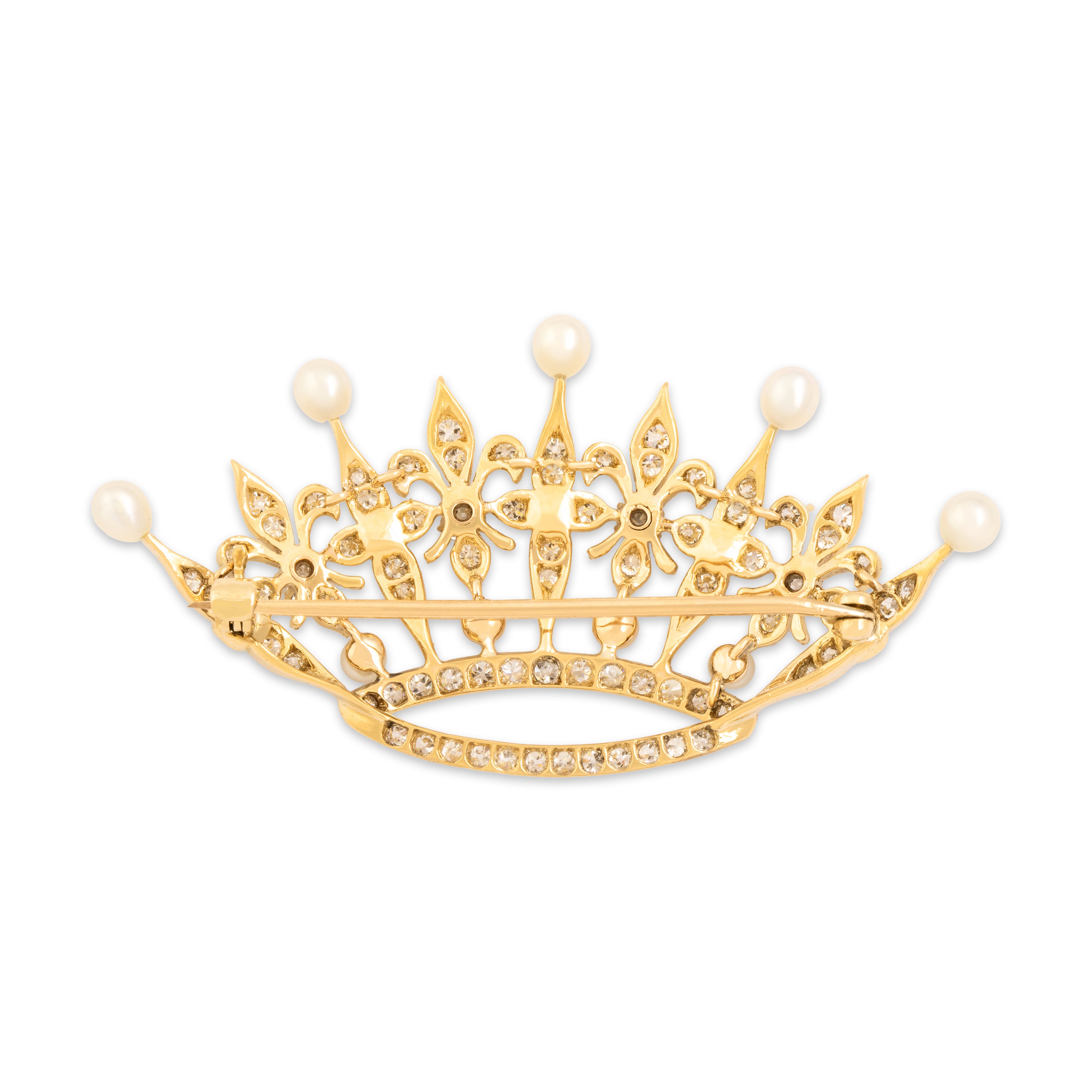 Antique Edwardian Large 14k Yellow Gold 1.55cttw Old Mine Cut Diamond Pearl Superb Sparkling Tiara Brooch / Pin - Back view