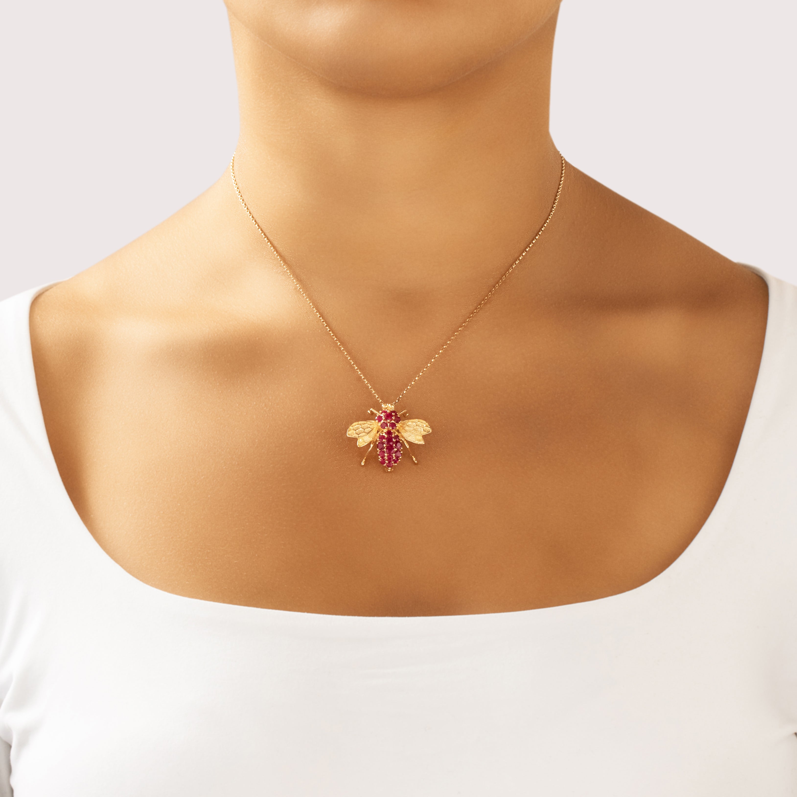 Vintage Large 14k Yellow Gold 1.48cttw Ruby Shimmering Buzzing Insect Pin / Pendant - On model view