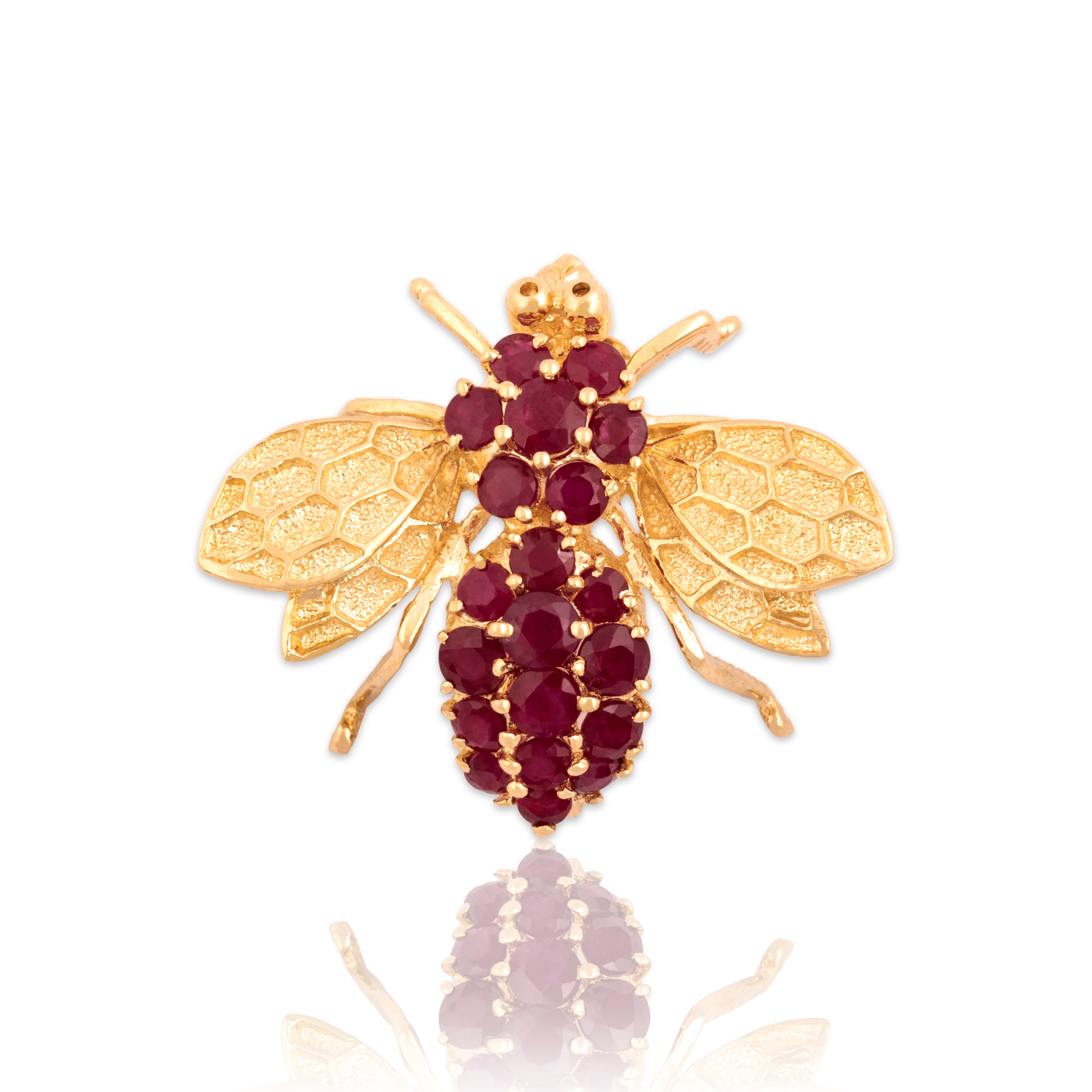 Vintage Large 14k Yellow Gold 1.48cttw Ruby Buzzing Insect Pin / Pendant