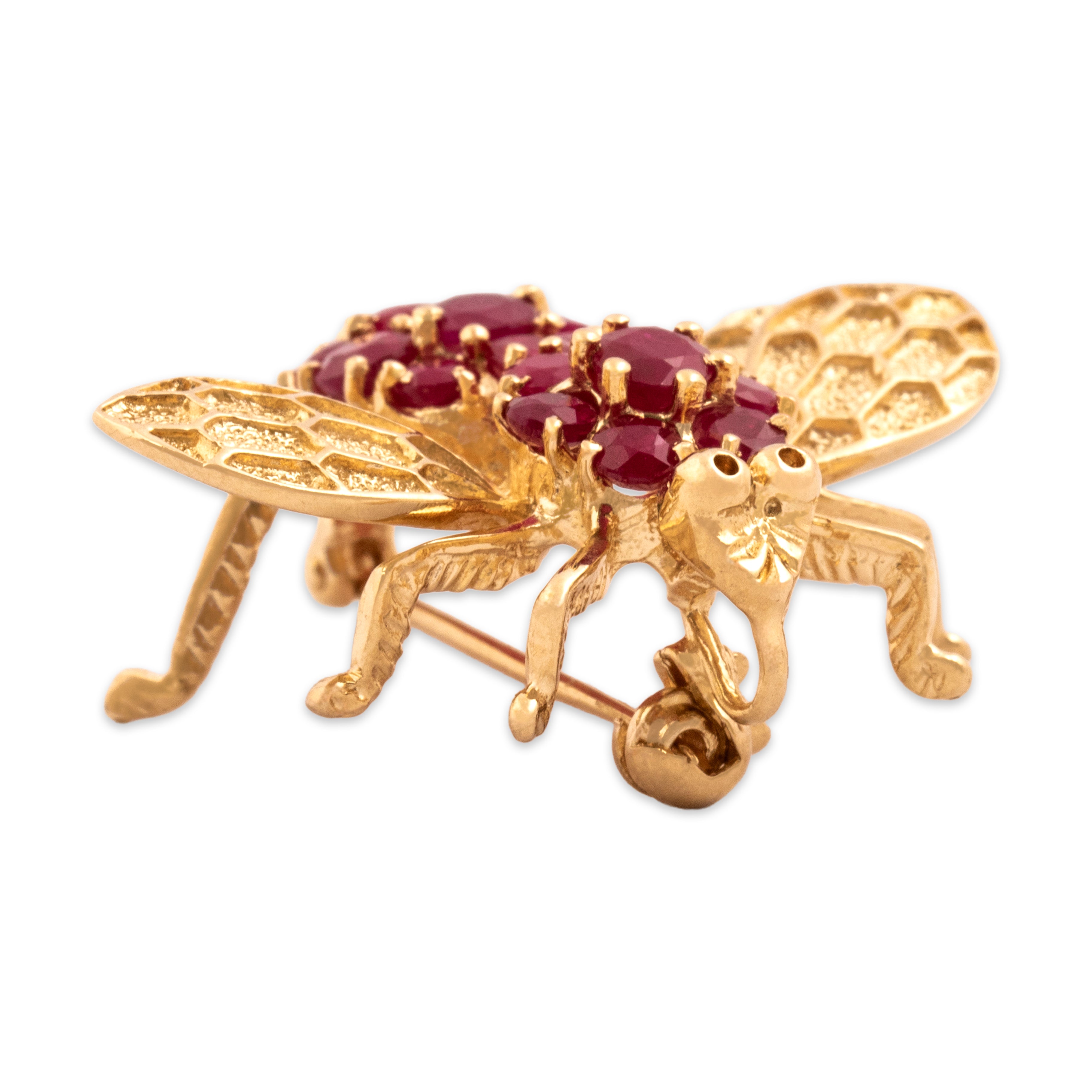 Vintage Large 14k Yellow Gold 1.48cttw Ruby Shimmering Buzzing Insect Pin / Pendant - detail view #1